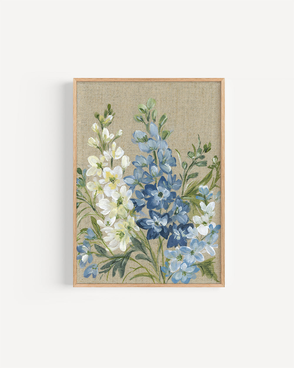 Framed purple delphinium watercolor illustration on brown background symbolizing joy, openness and meaningful connections