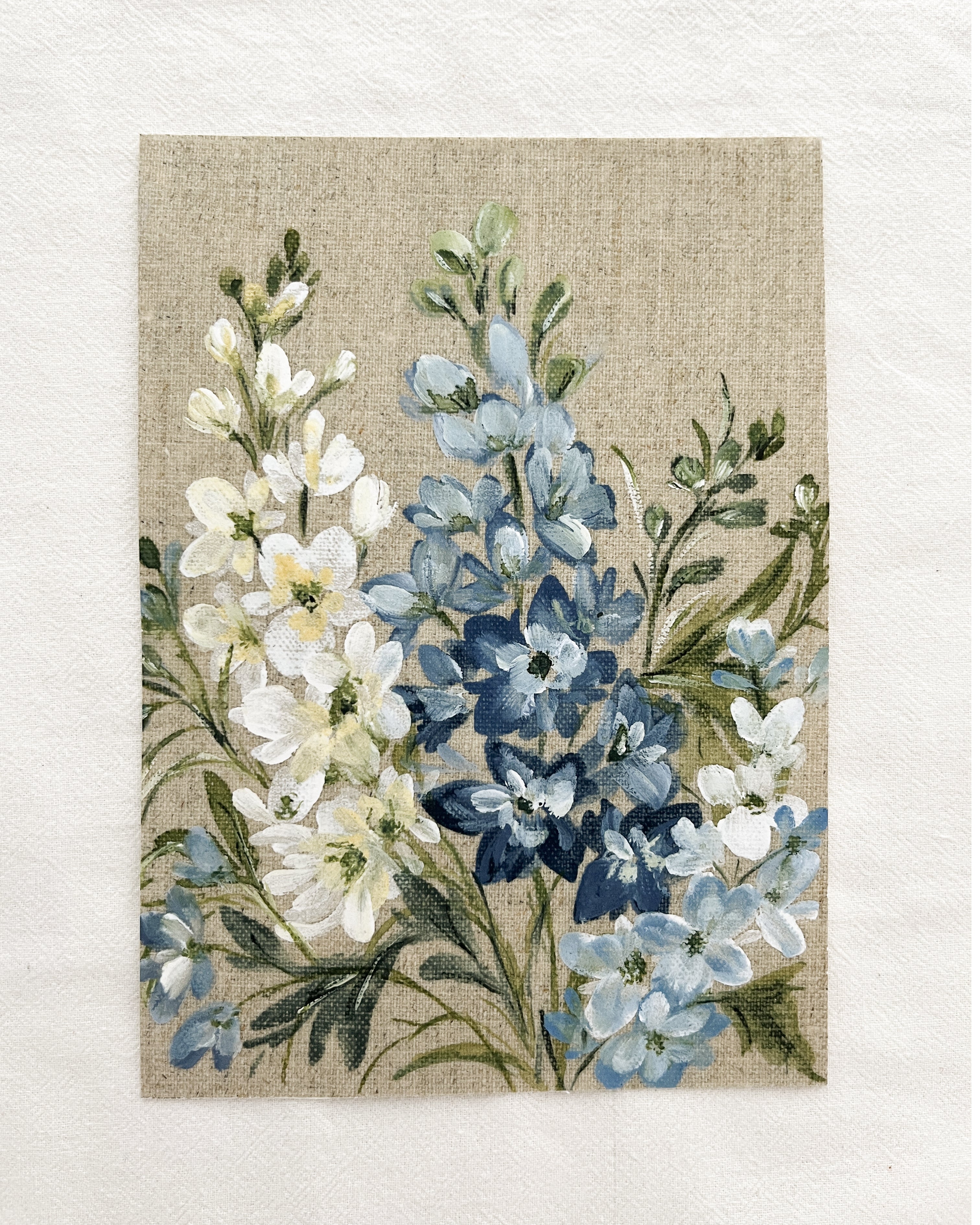 Ascending Beauty print of purple and white delphinium flowers with leaves on brown background