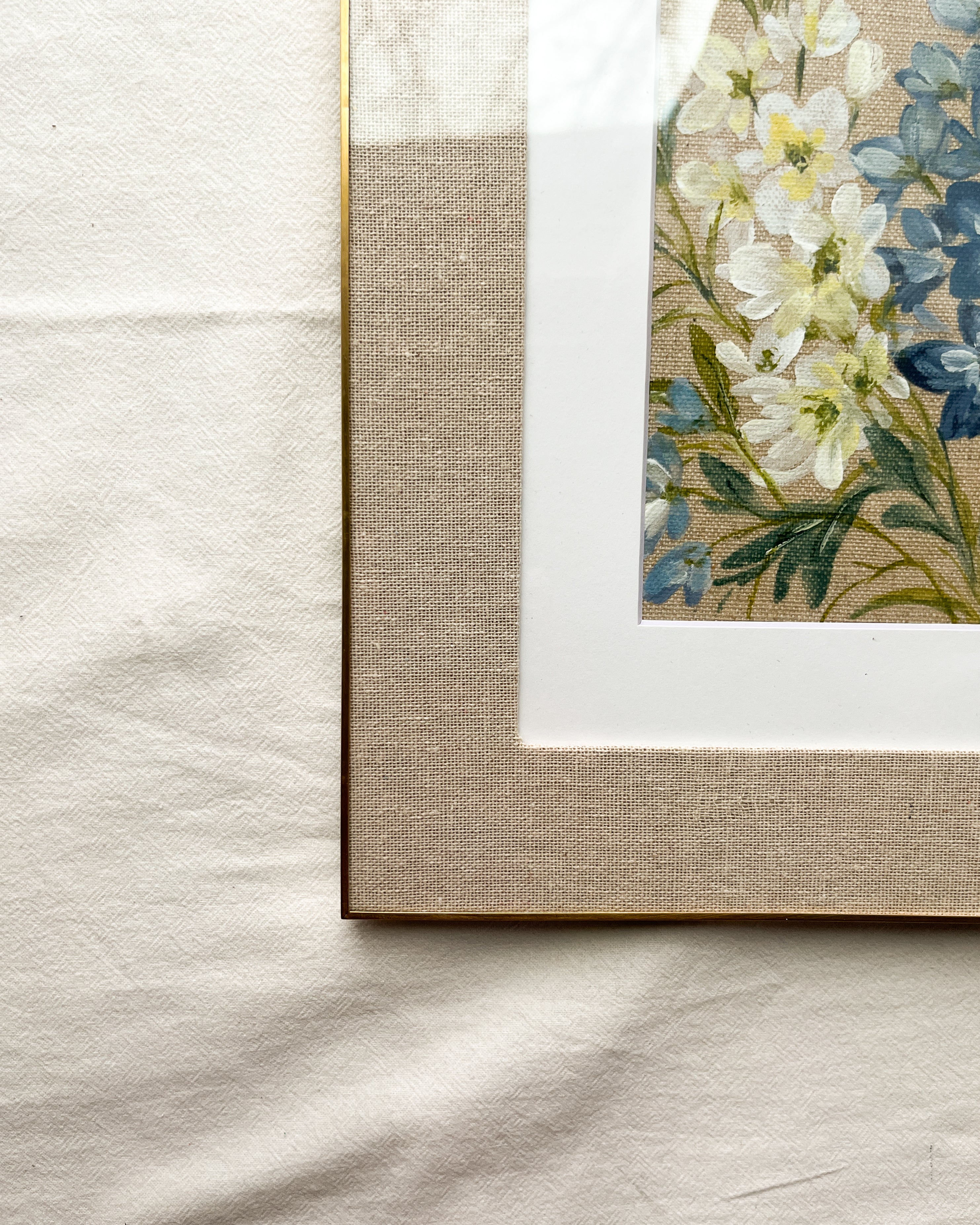 Elegant frame close-up with Ascending Beauty blue and white delphinium watercolor art by Trisha Patel. Modern botanical wall décor.