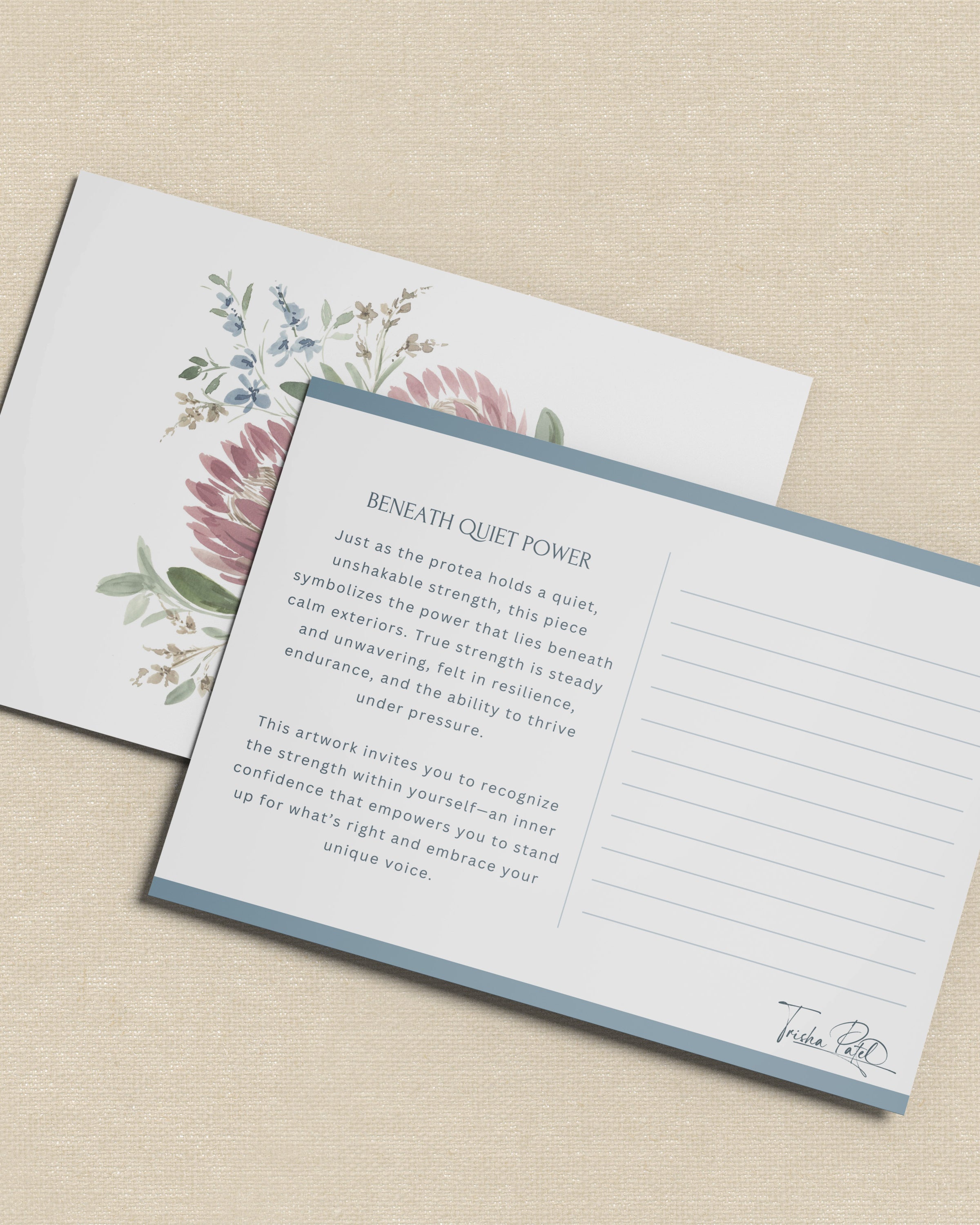 Postcard with serene watercolor with pink and blue flowers reflecting subtle light symbolizing inner strength in elegant frame