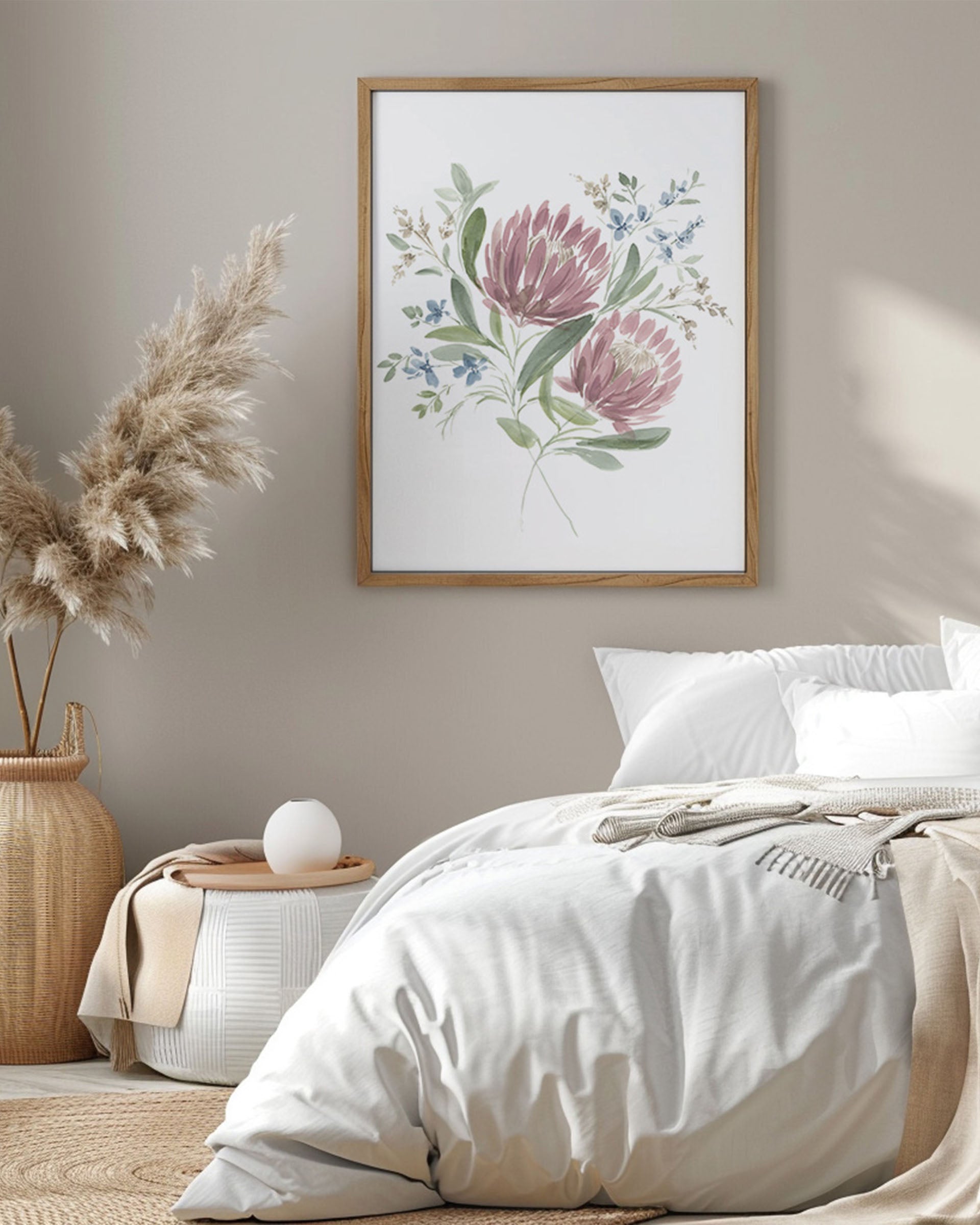 Serene watercolor with pink and blue flowers reflecting subtle light symbolizing inner strength in elegant frame