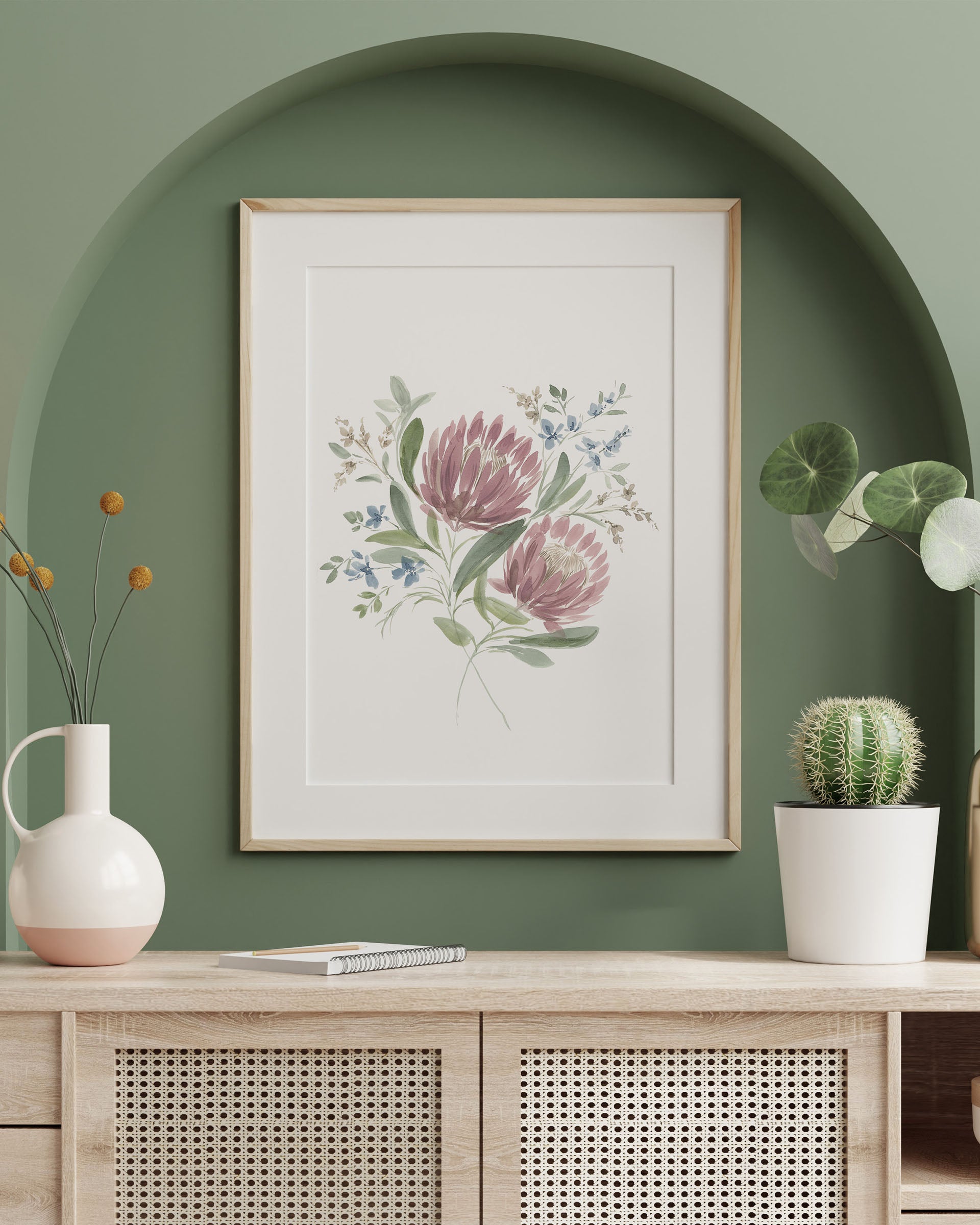Serene watercolor landscape with pink and blue flowers reflecting subtle light symbolizing inner strength in framed print