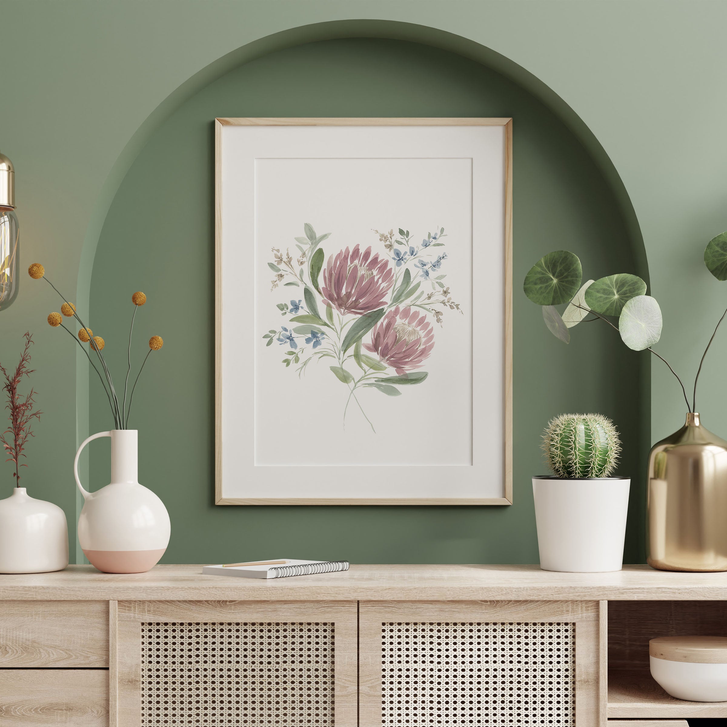 Serene watercolor landscape with pink and blue flowers reflecting subtle light symbolizing inner strength in framed print