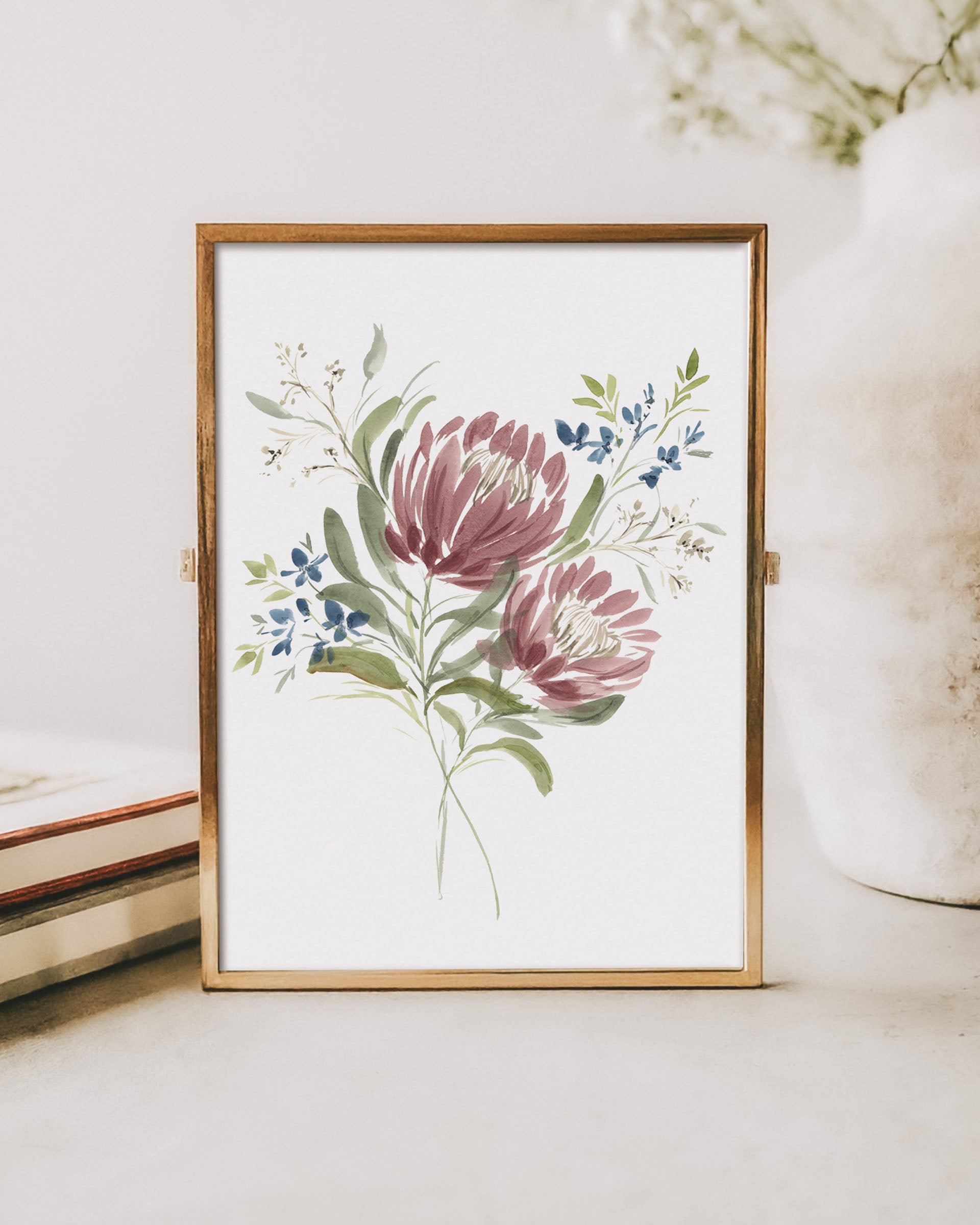 Serene watercolor pink and blue flower elegant framed print