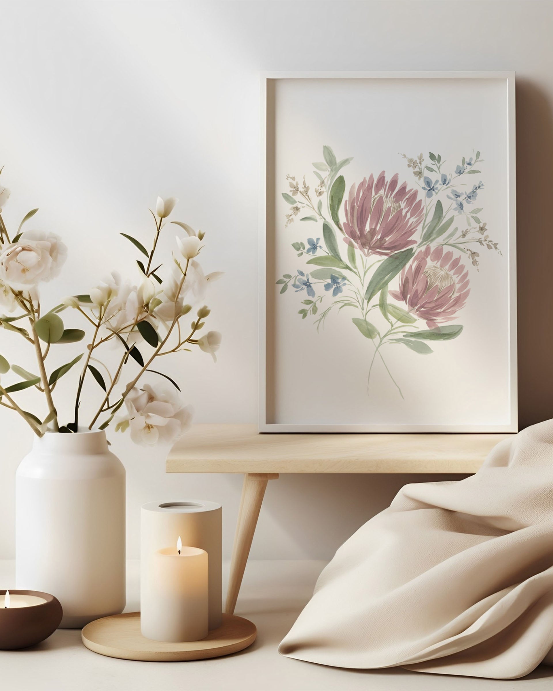 Serene watercolor pink and blue flower elegant white framed print