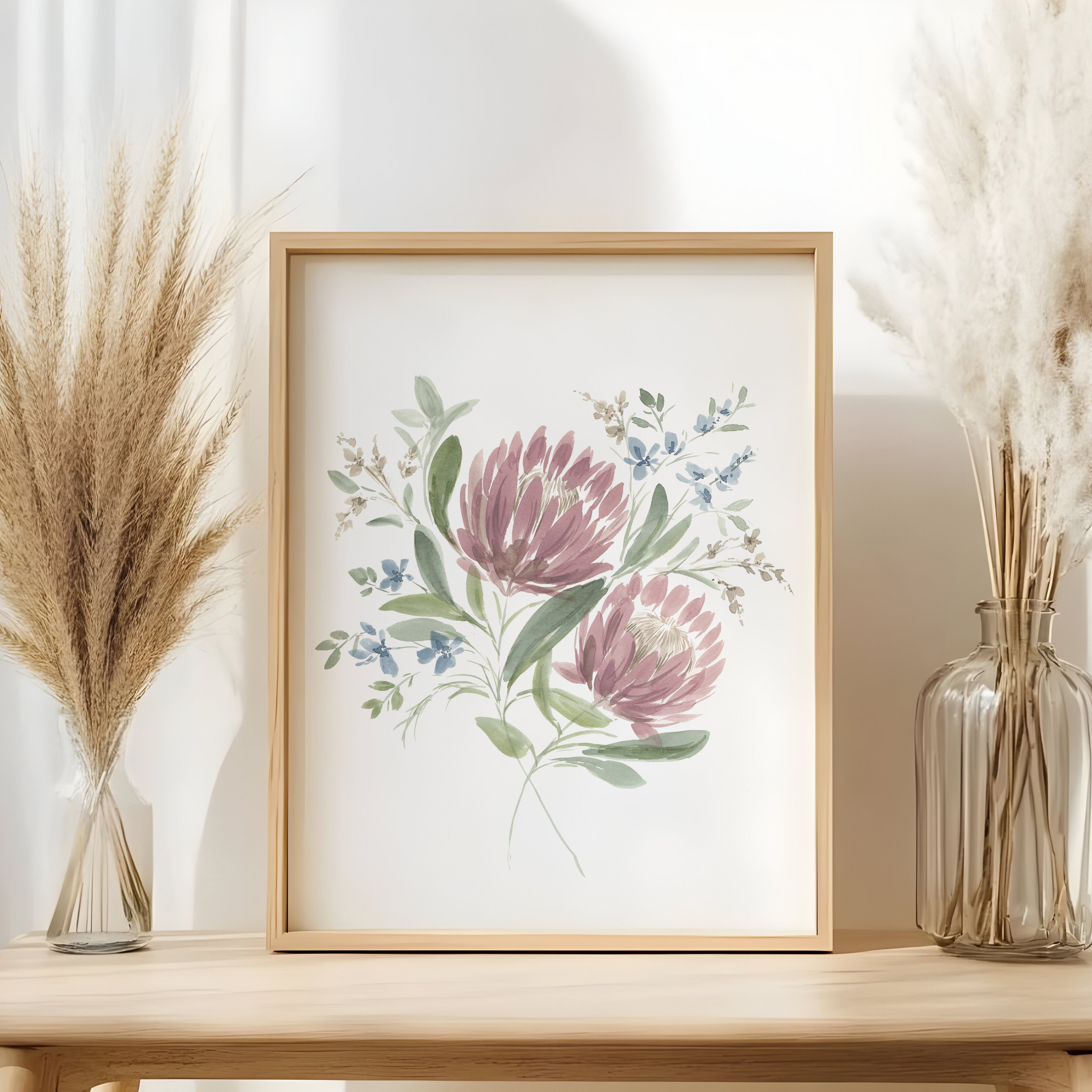 Serene watercolor with pink and blue flowers reflecting subtle light symbolizing inner strength in wood frame