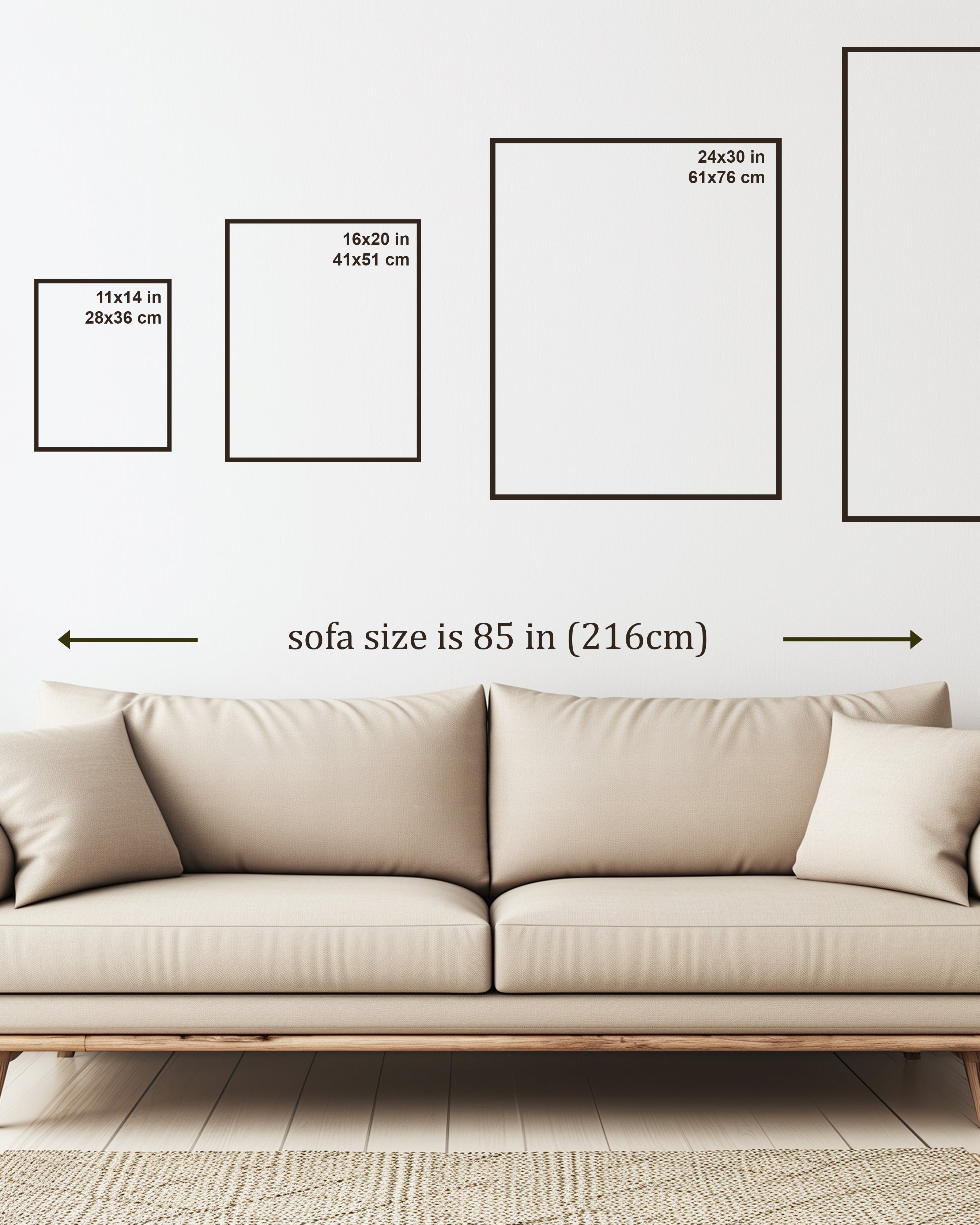 Size guide chart showing print dimensions and framing options for Beneath Quiet Power and other landscape prints