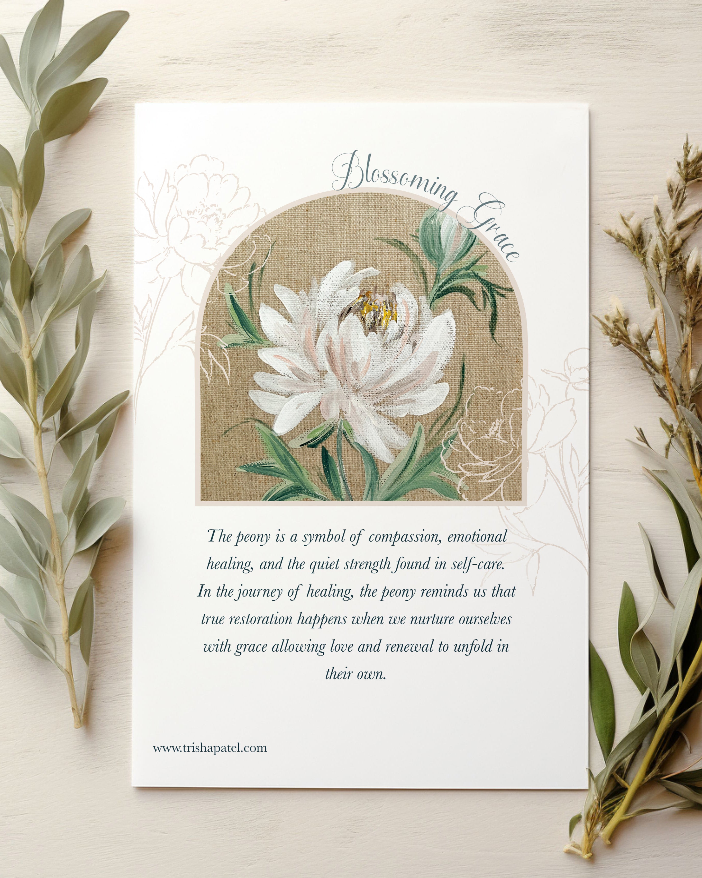 Close-up detail of Blossoming Grace peony watercolor showing delicate pink petals and artistic brushwork with print describing symbolism of flower