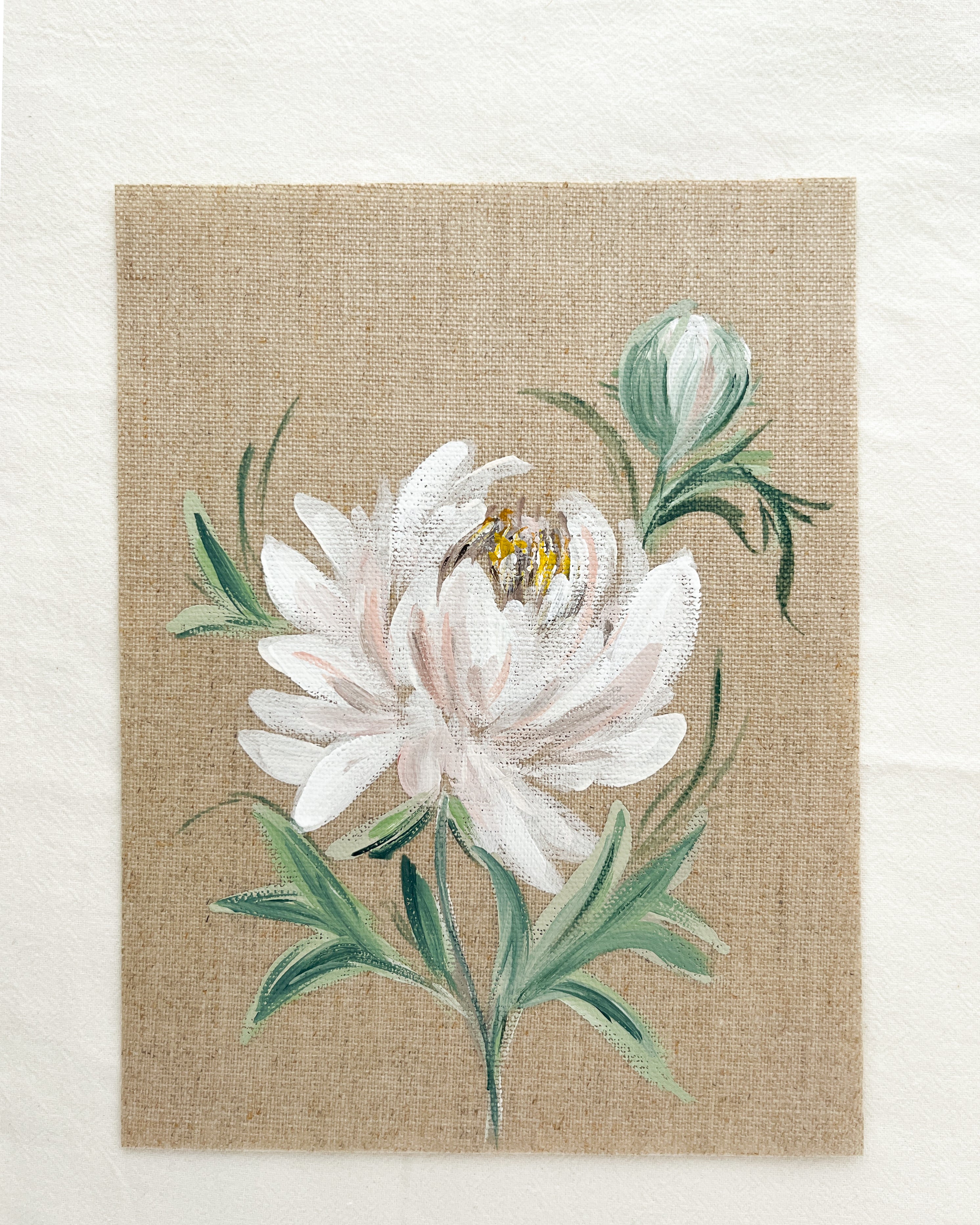Close-up of Blossoming Grace peony watercolor painting by Trisha Patel, highlighting soft petals and fine botanical brushwork representing compassion and self-care.