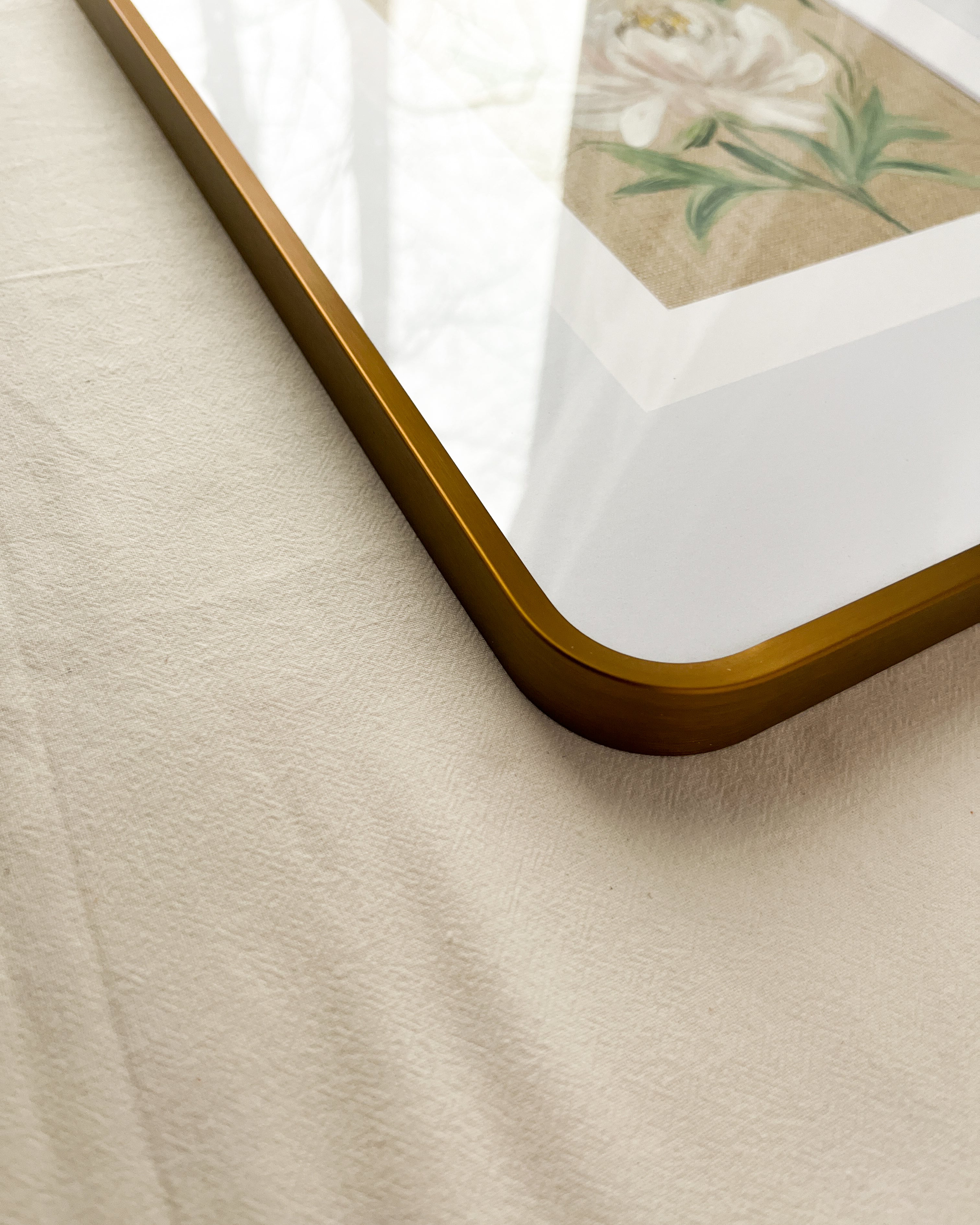 Close-up of modern frame on Blossoming Grace peony watercolor painting by Trisha Patel, botanical wall art.