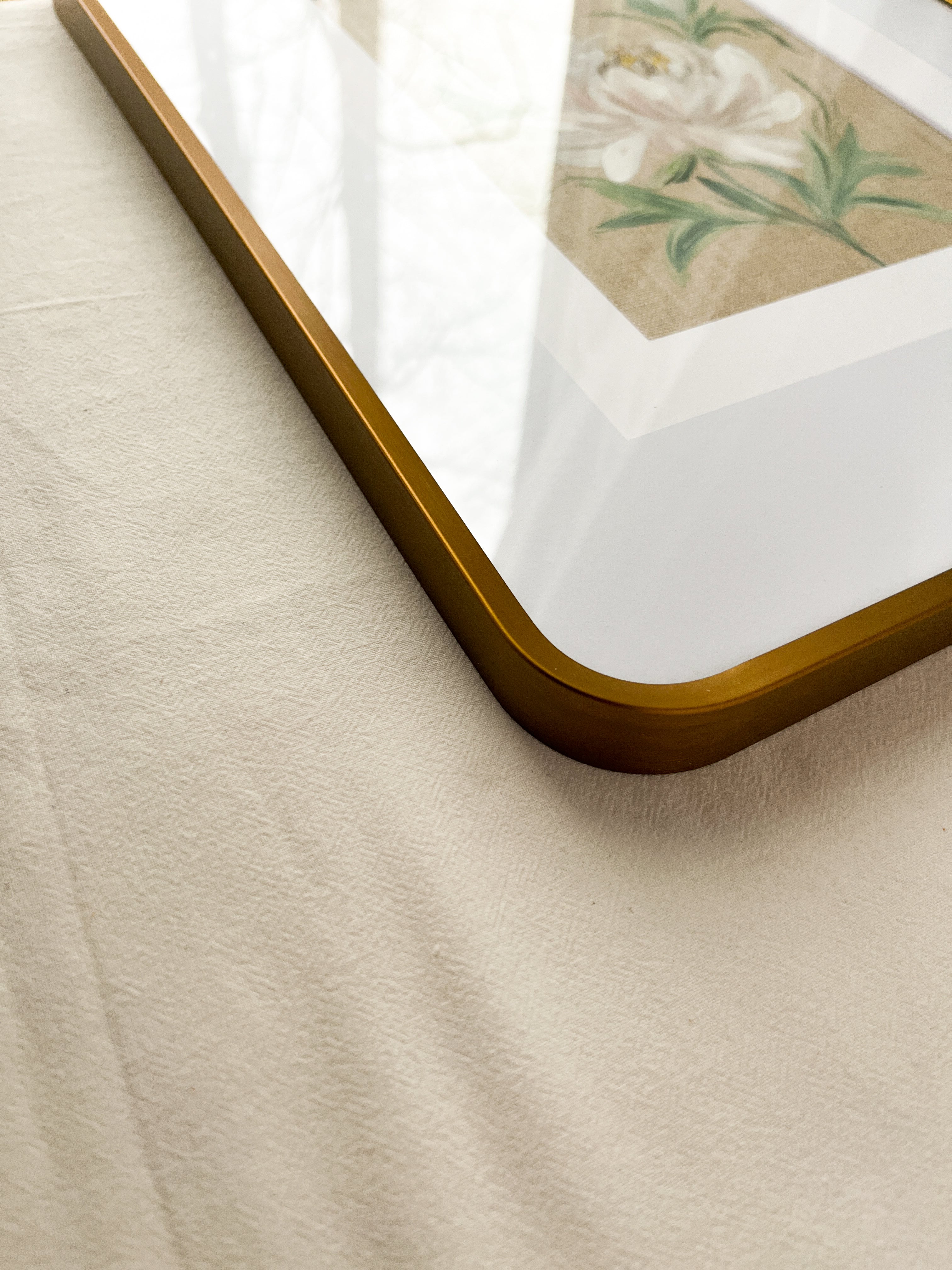 Close-up of modern frame on Blossoming Grace peony watercolor painting by Trisha Patel, botanical wall art.