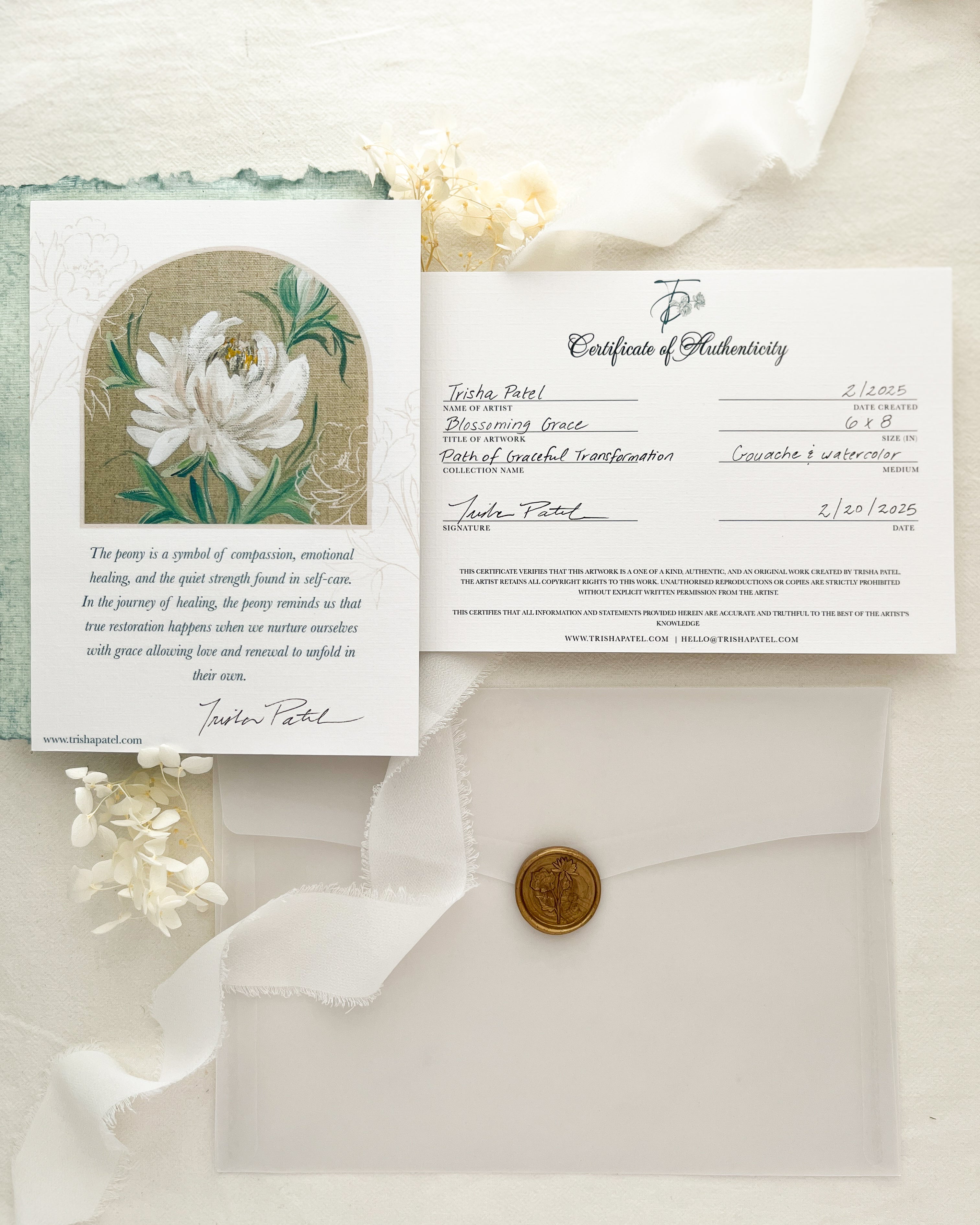 Certificate of authenticity for original watercolor painting by Trisha Patel, verifying provenance and artist signature