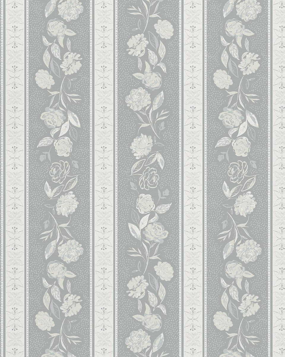 Close-up of Kamelia wallpaper in Argentum by Trisha Patel with soft stripes and hand-drawn camellia flowers, high-quality floral wallcovering.