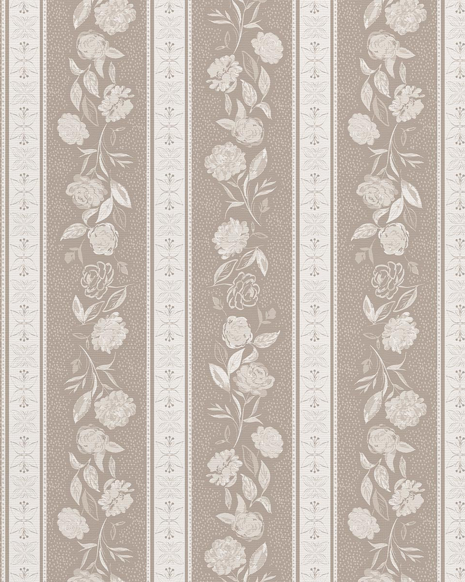 Close-up of Kamelia wallpaper in Ballet Slipper by Trisha Patel with soft stripes and hand-drawn camellia flowers, high-quality floral wallcovering.