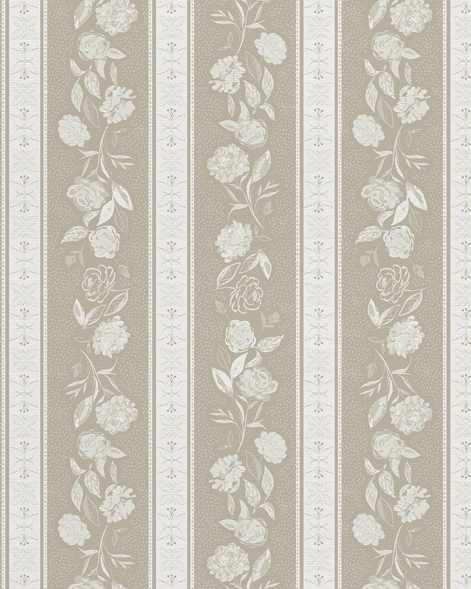 Close-up of Kamelia wallpaper in Biscotti by Trisha Patel with soft stripes and hand-drawn camellia flowers, high-quality floral wallcovering.