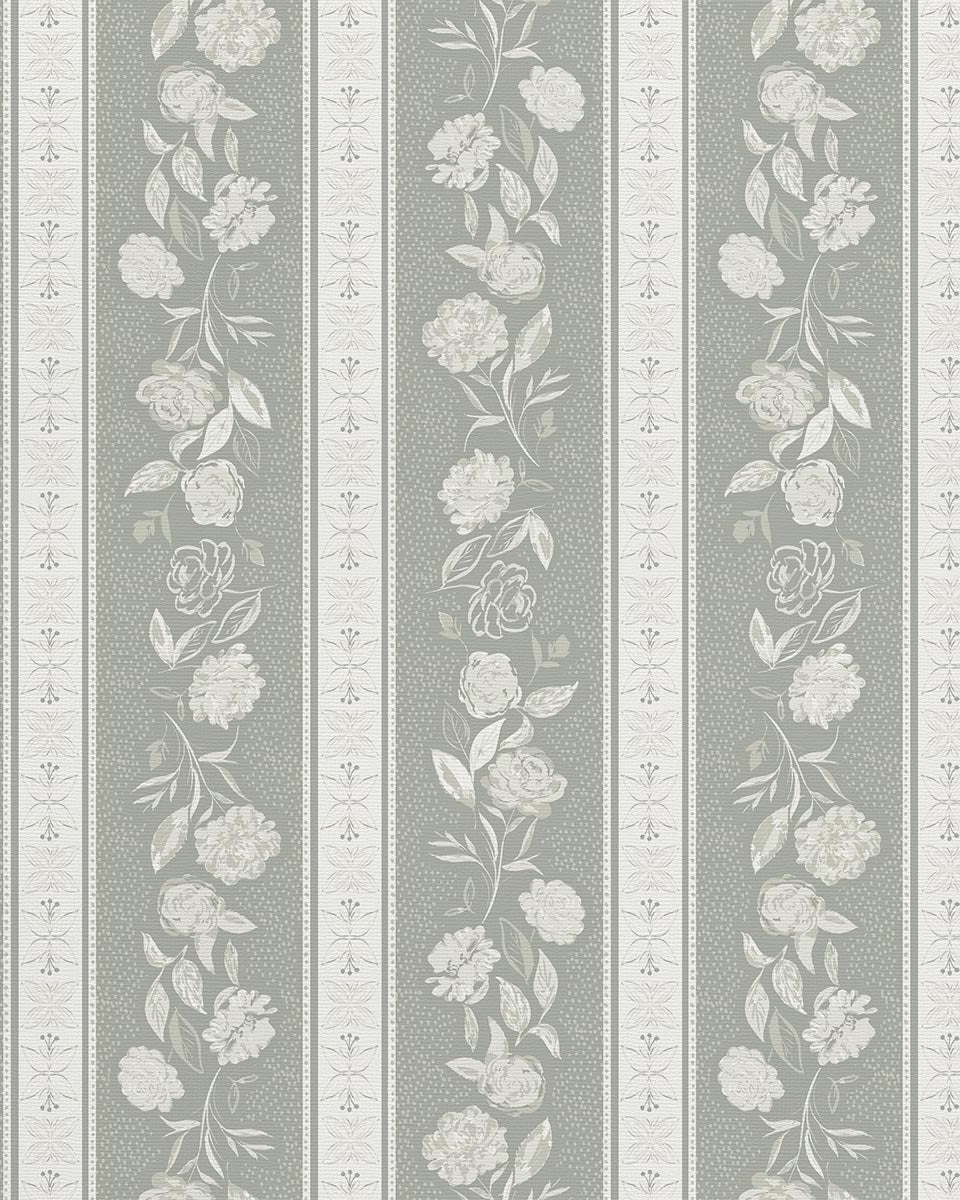 Close-up of Kamelia wallpaper in Sagewood by Trisha Patel with soft stripes and hand-drawn camellia flowers, high-quality floral wallcovering.