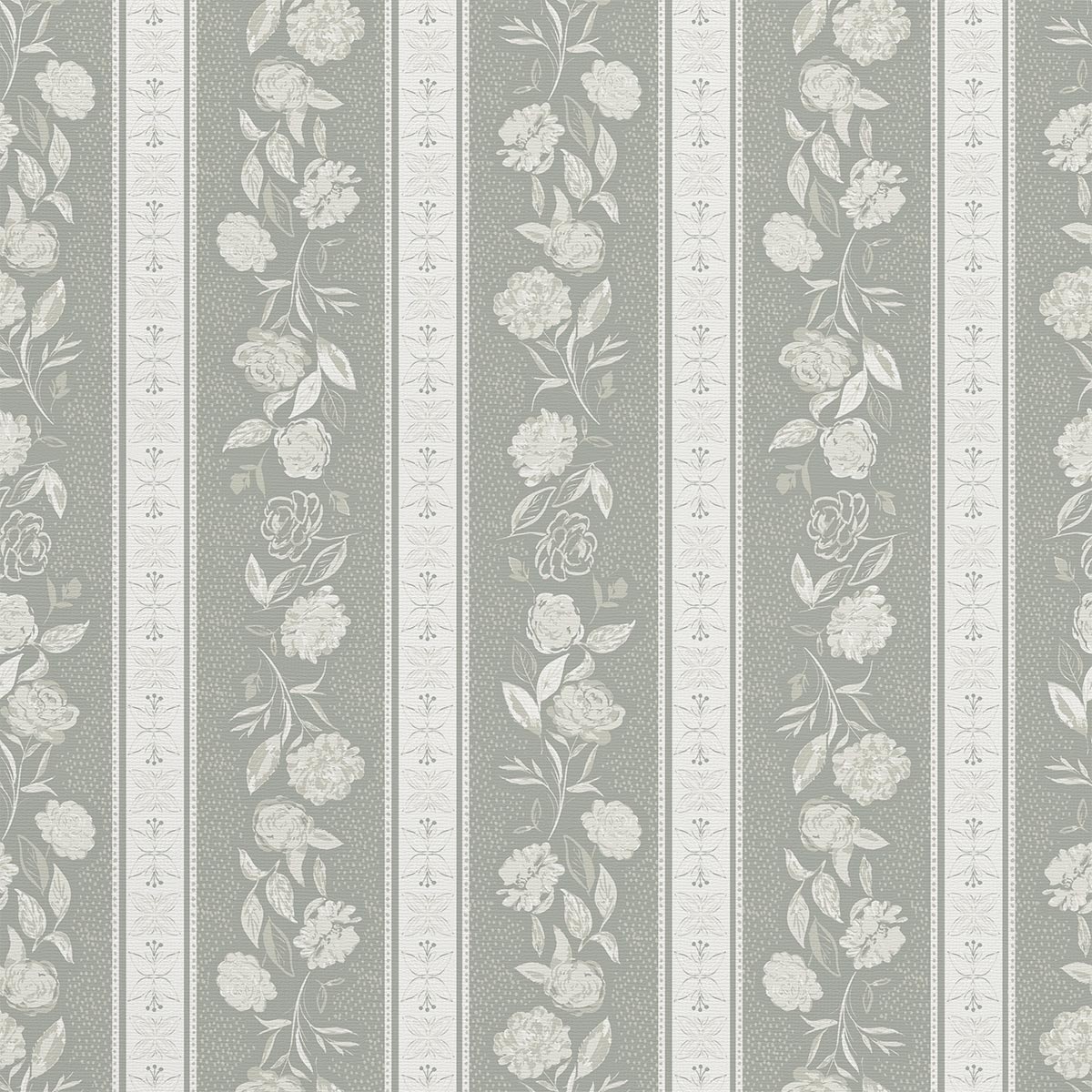 Close-up of Kamelia wallpaper in Sagewood by Trisha Patel with soft stripes and hand-drawn camellia flowers, high-quality floral wallcovering.