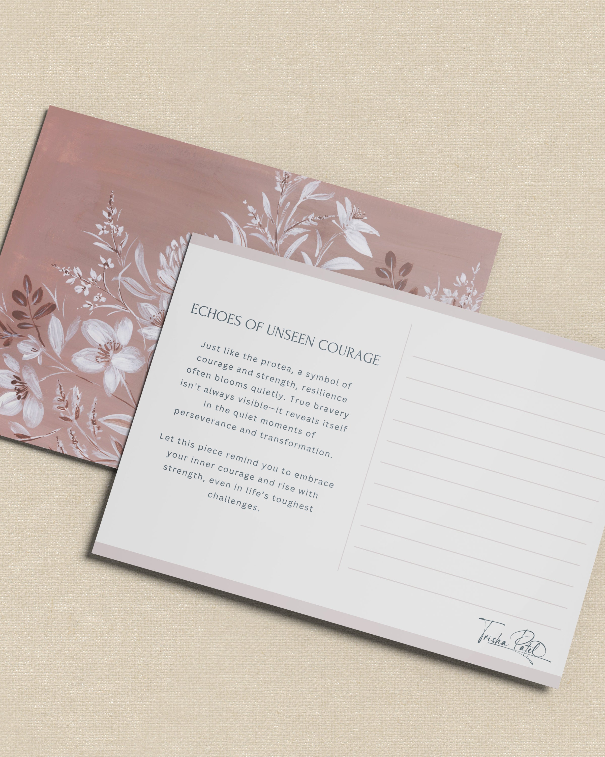 Postcard of Original Echoes of Unseen Courage watercolor showing ethereal mountain landscape with atmospheric mist and depth