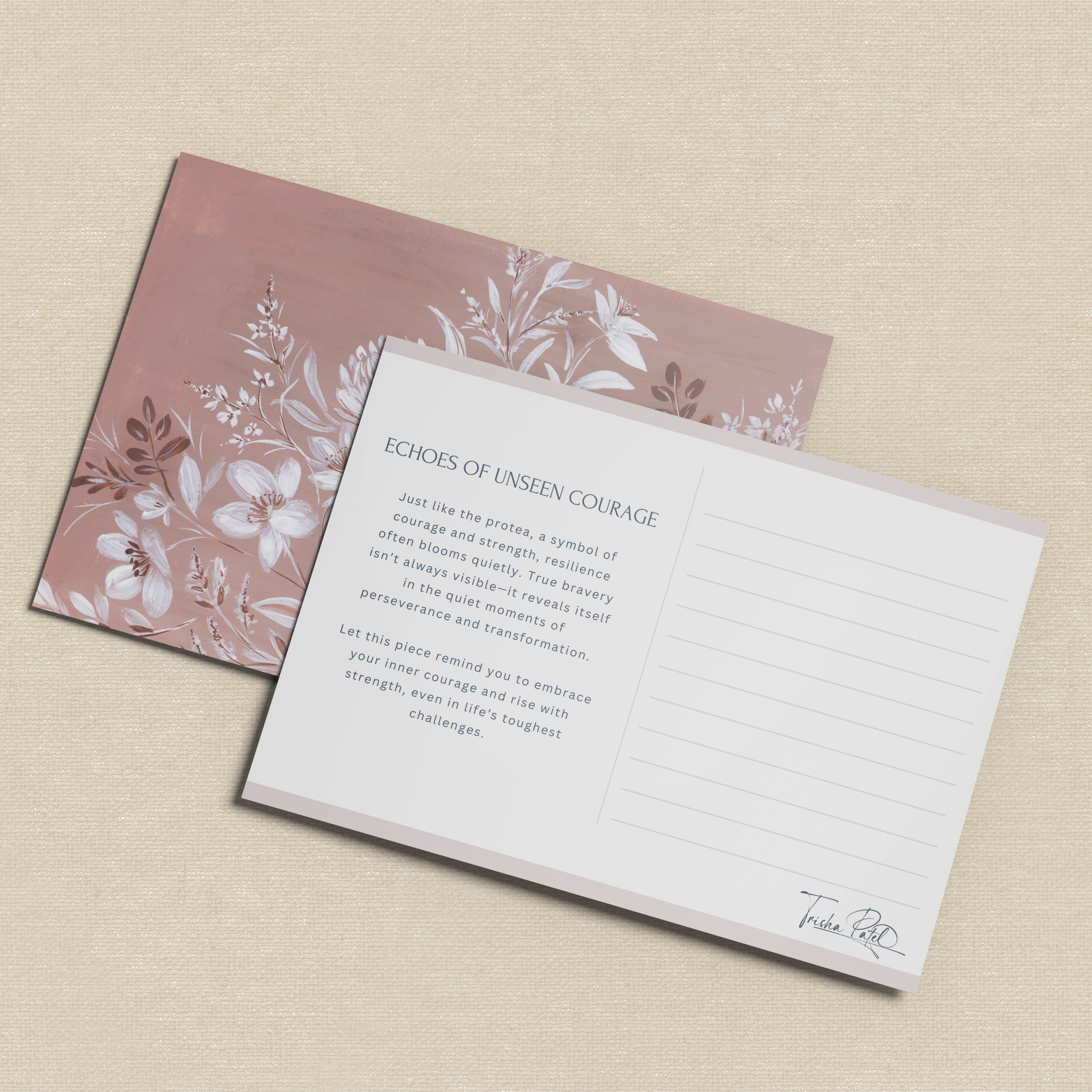 Postcard of Original Echoes of Unseen Courage watercolor showing ethereal mountain landscape with atmospheric mist and depth