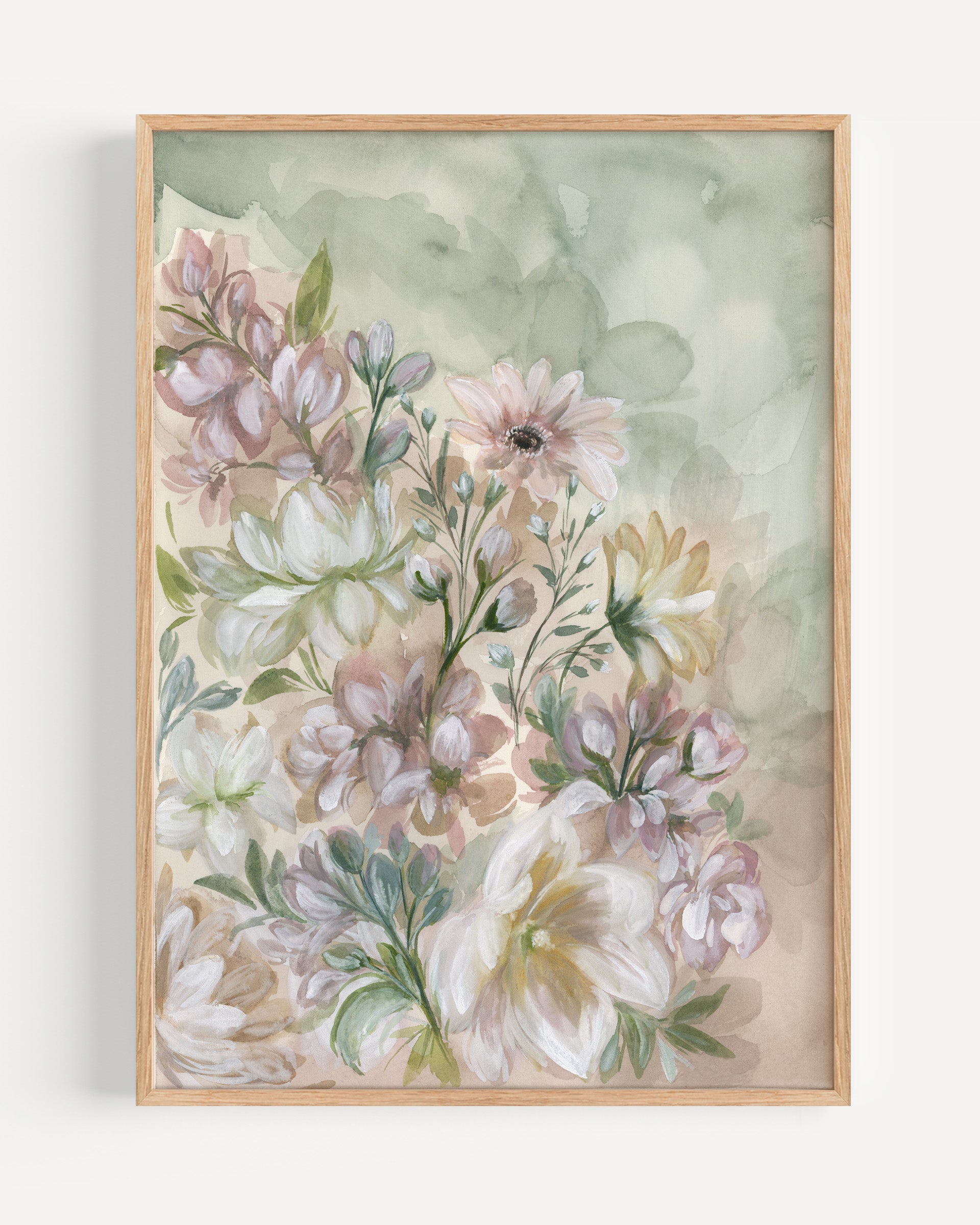 Framed print of Vibrant floral watercolor with tulips, delphiniums and gerbera daisies symbolizing joy, resilience and optimism