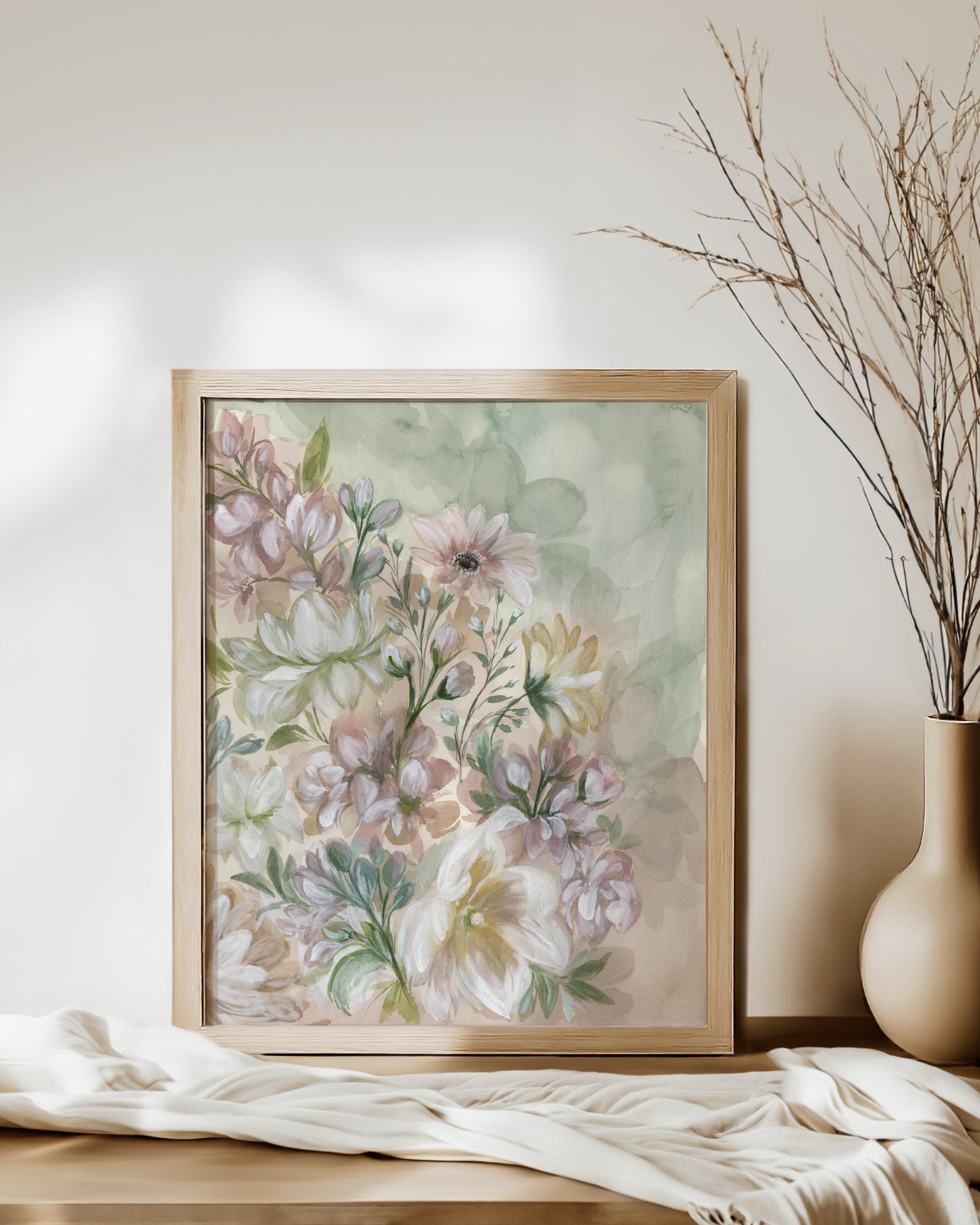 Flourish in Light print in elegant frame displayed in bright modern interior showcasing colorful floral arrangement