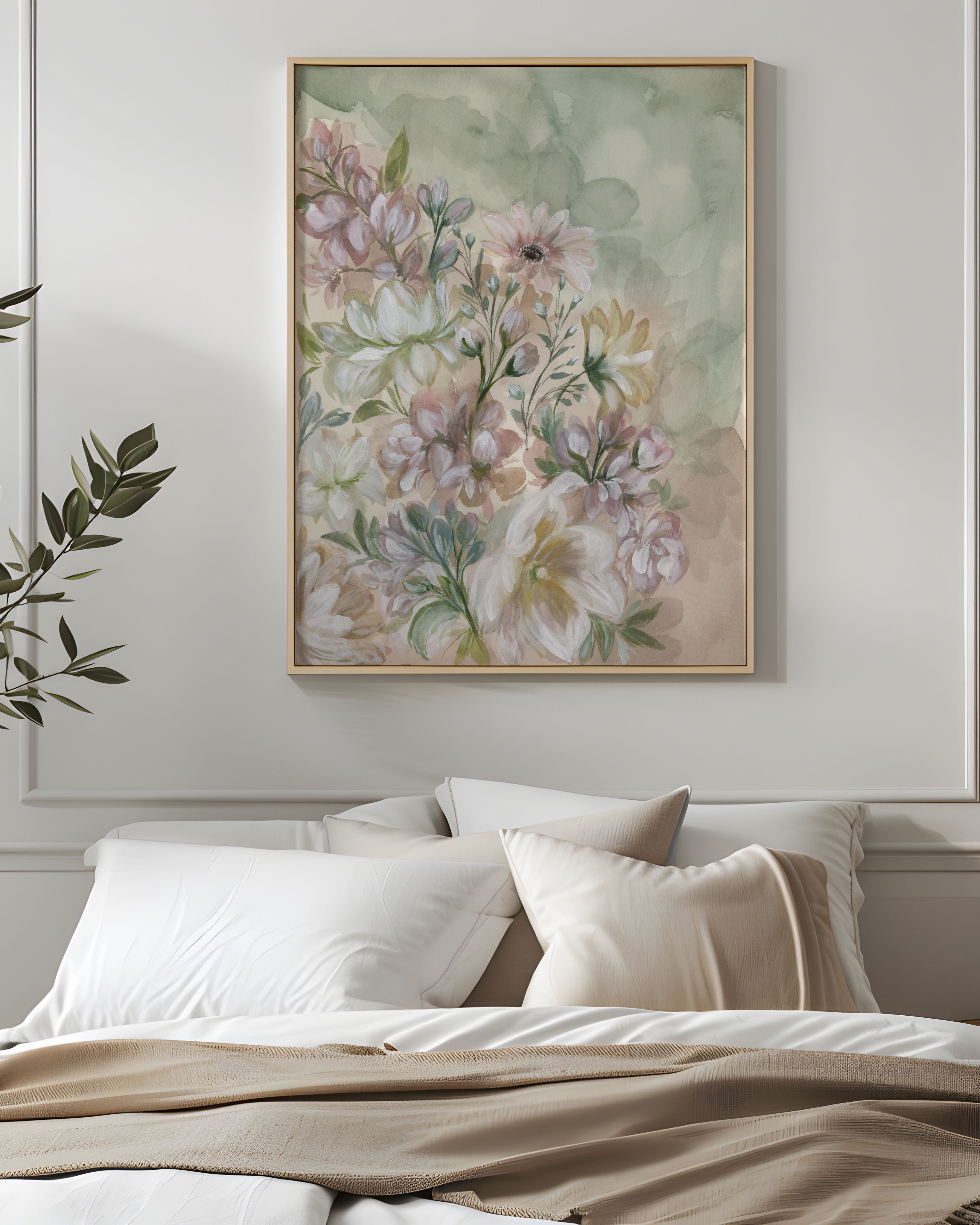 Close-up of Flourish in Light watercolor showing detailed tulips, delphiniums and gerbera daisies in vibrant colors