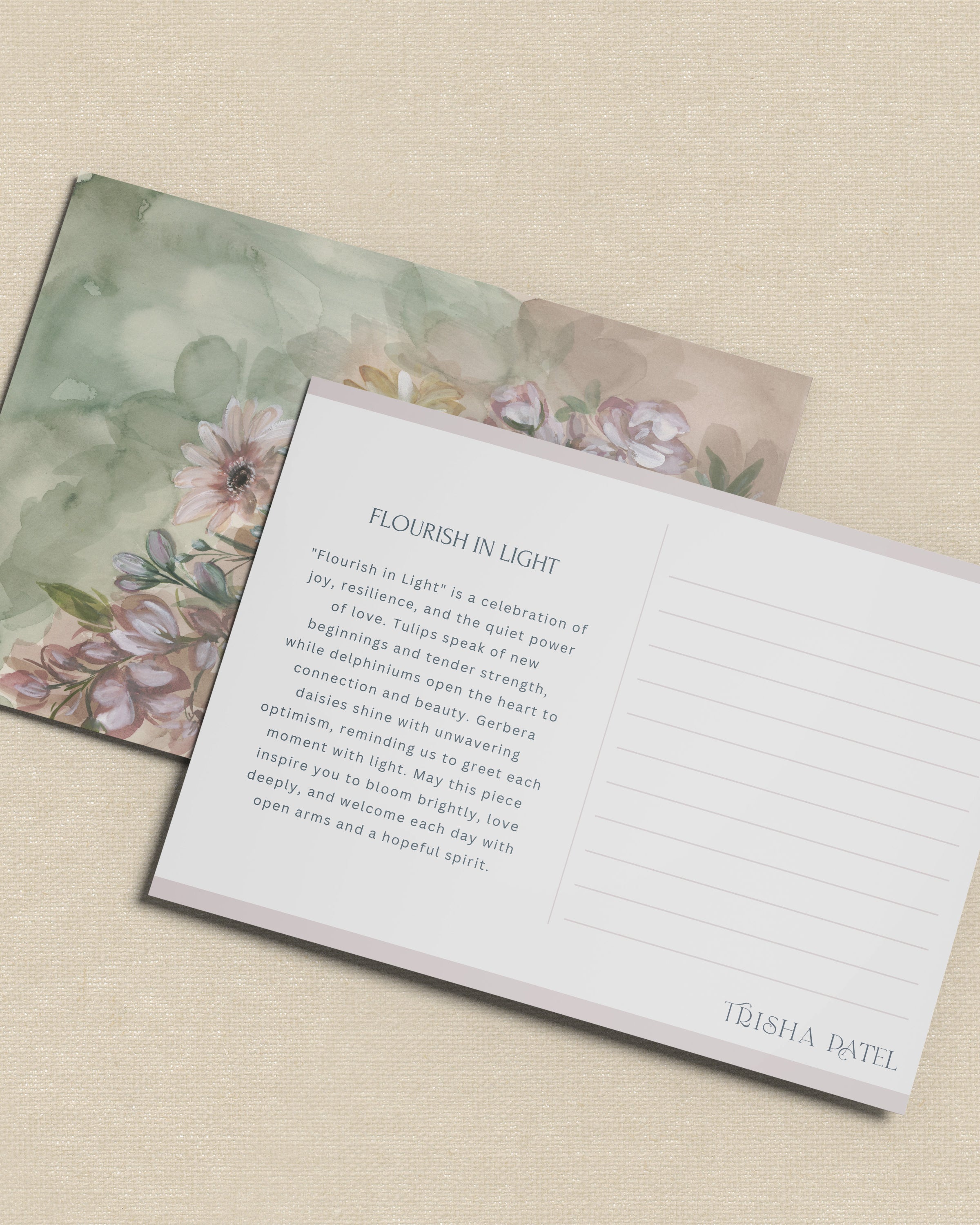 Postcard of Flourish in Light watercolor showing joyful floral composition with tulips and delphiniums