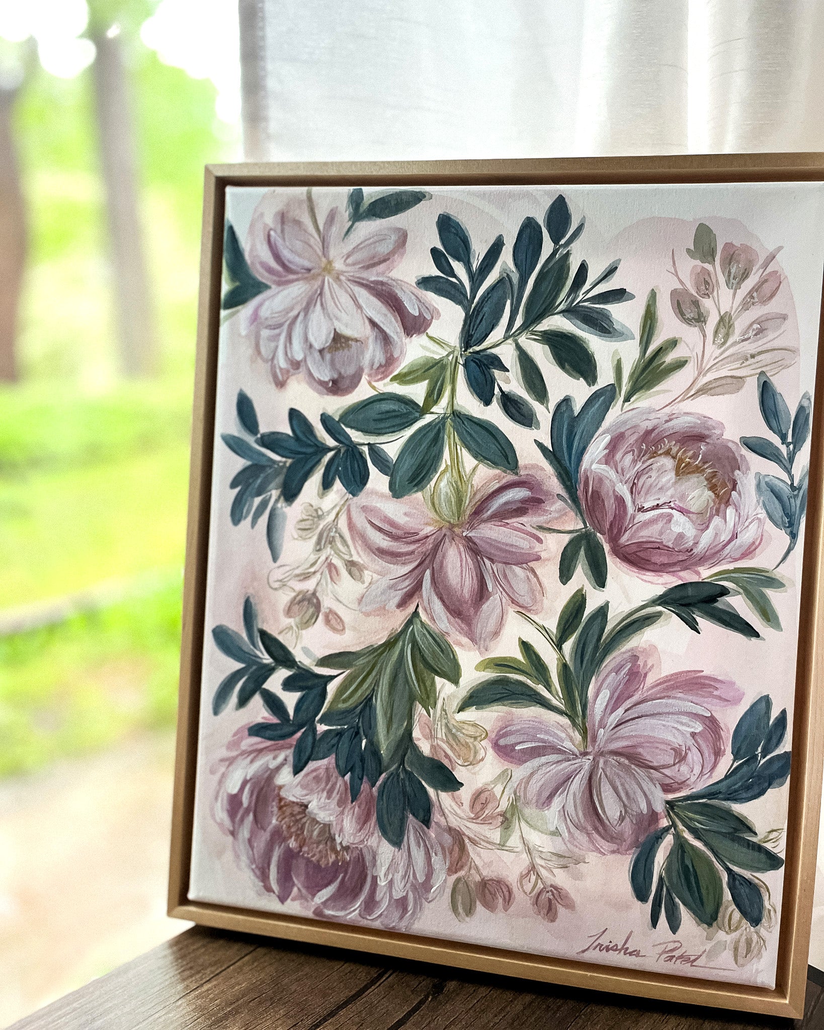 Close-up of In Her Stillness rose and peony watercolor painting by Trisha Patel, minimalist modern botanical art