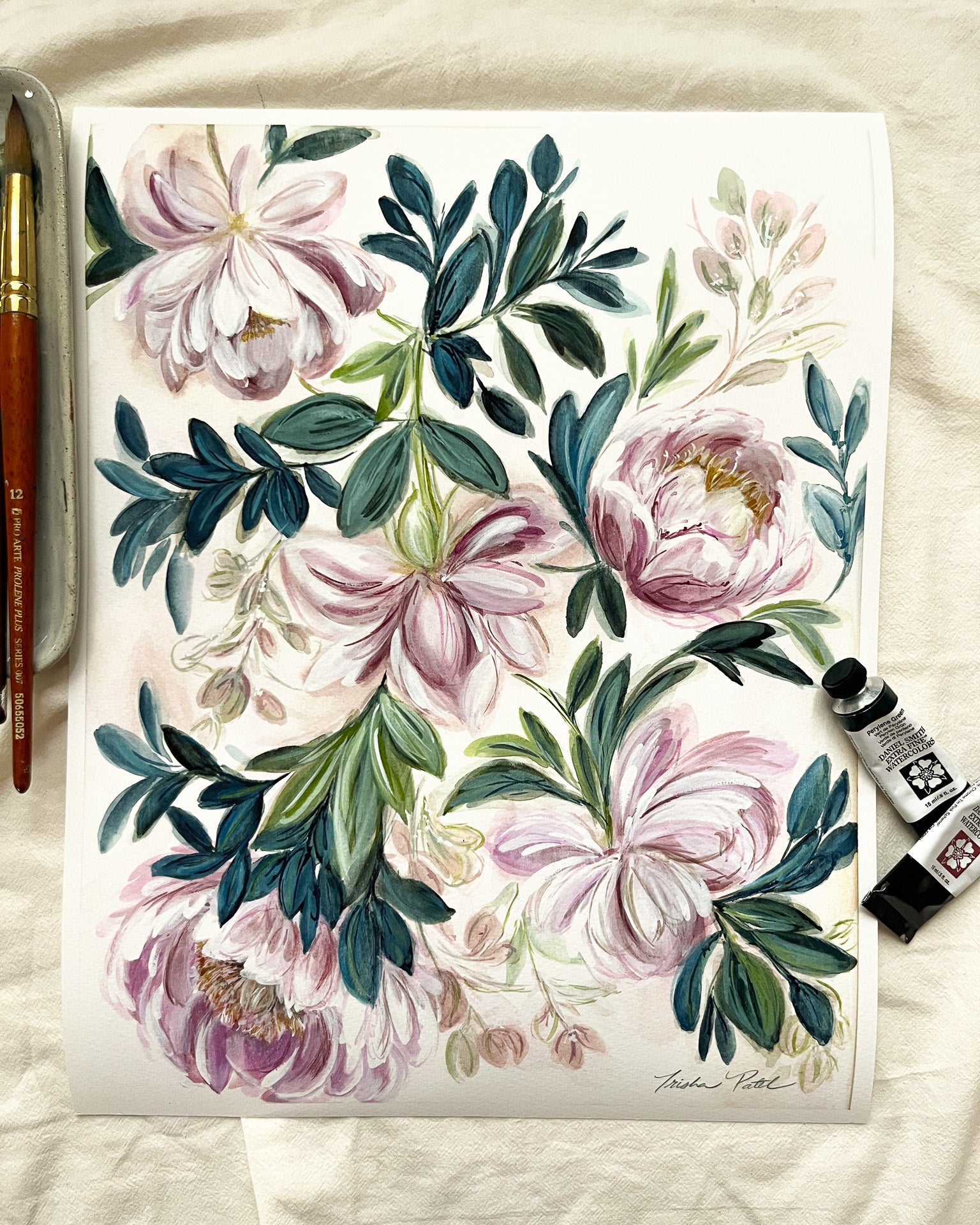 Floral watercolor painting with pink flowers and green leaves on a white background