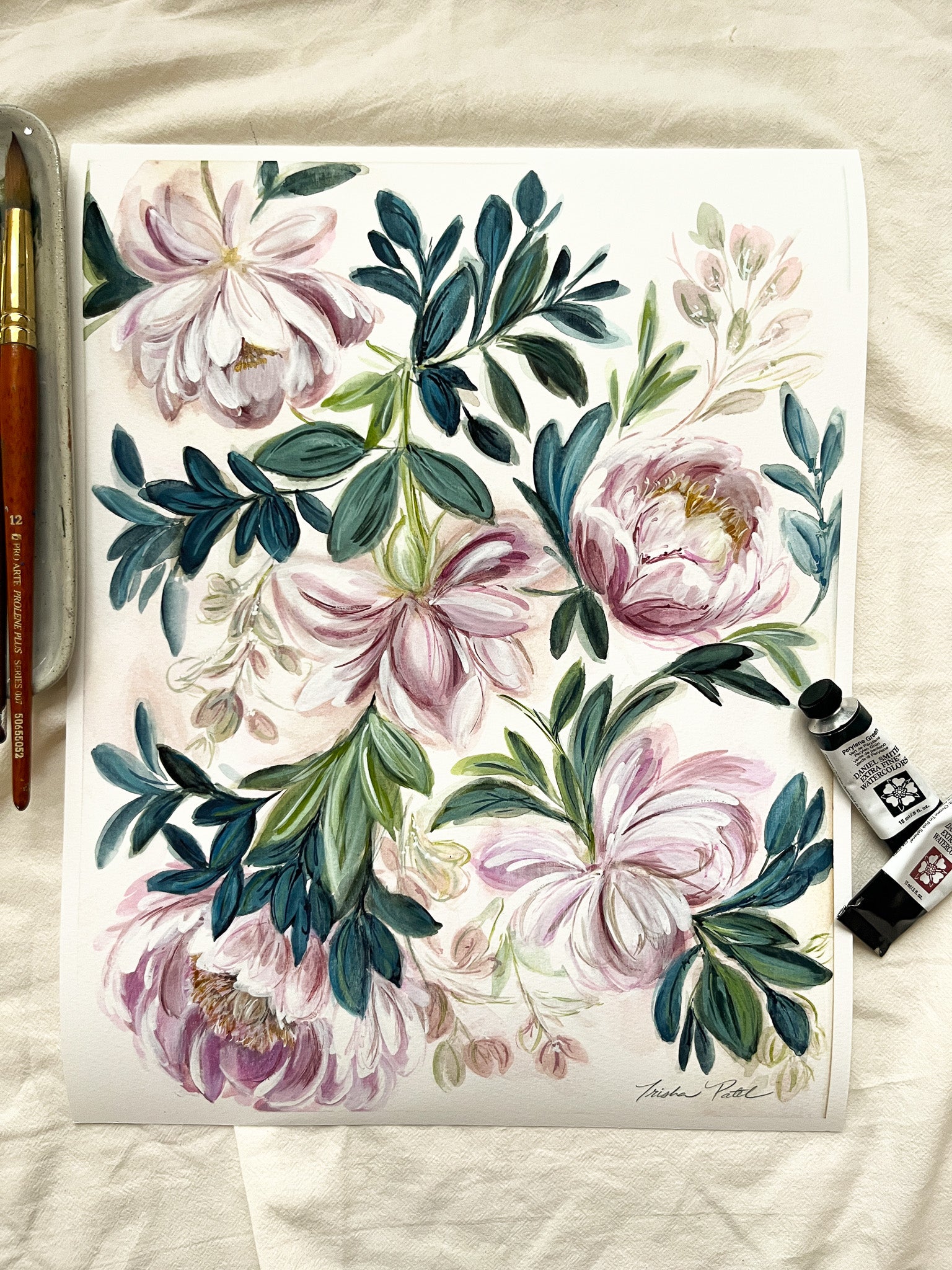 Floral watercolor painting with pink flowers and green leaves on a white background
