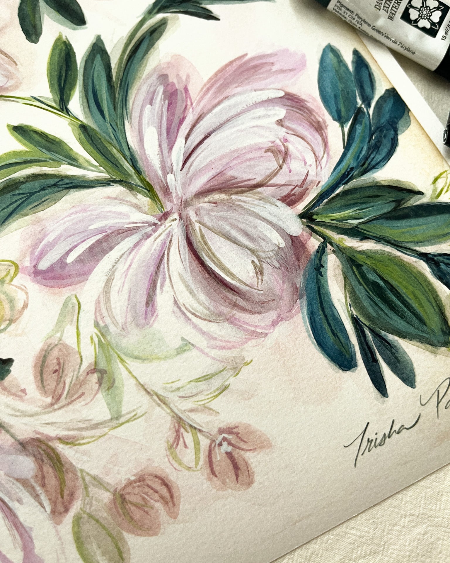 Floral watercolor painting with pink flowers and green leaves on a textured surface.