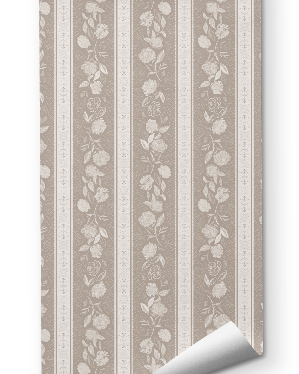 Kamelia in Ballet Slipper wallpaper by Trisha Patel, botanical wallcovering design featuring soft stripes and hand-drawn camellia flowers in warm tones, symbolizing grace, quiet strength, and inner beauty