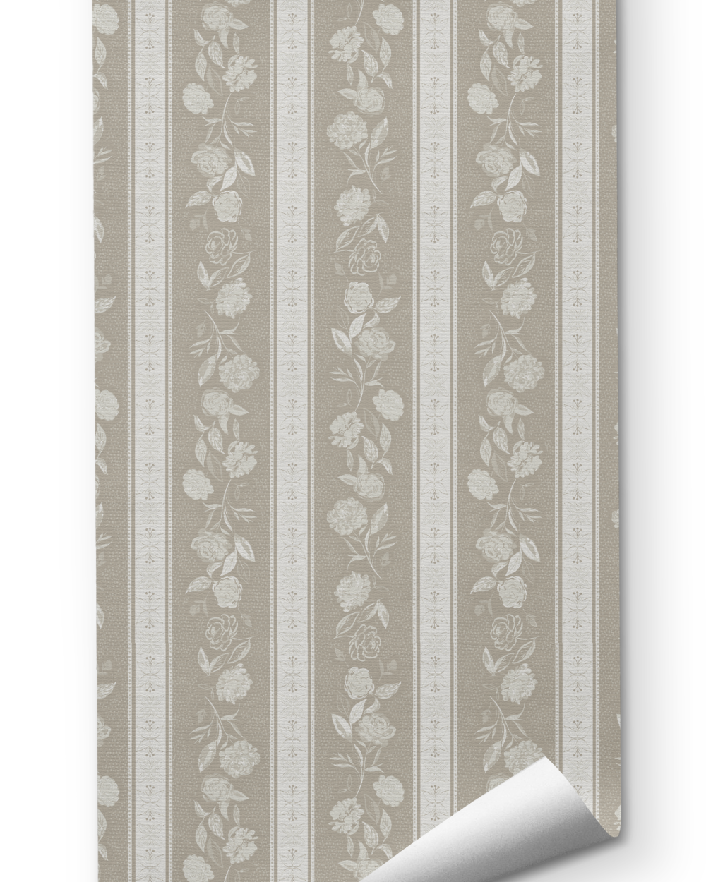 Kamelia in Biscotti wallpaper by Trisha Patel, botanical wallcovering design featuring soft stripes and hand-drawn camellia flowers in warm tones, symbolizing grace, quiet strength, and inner beauty