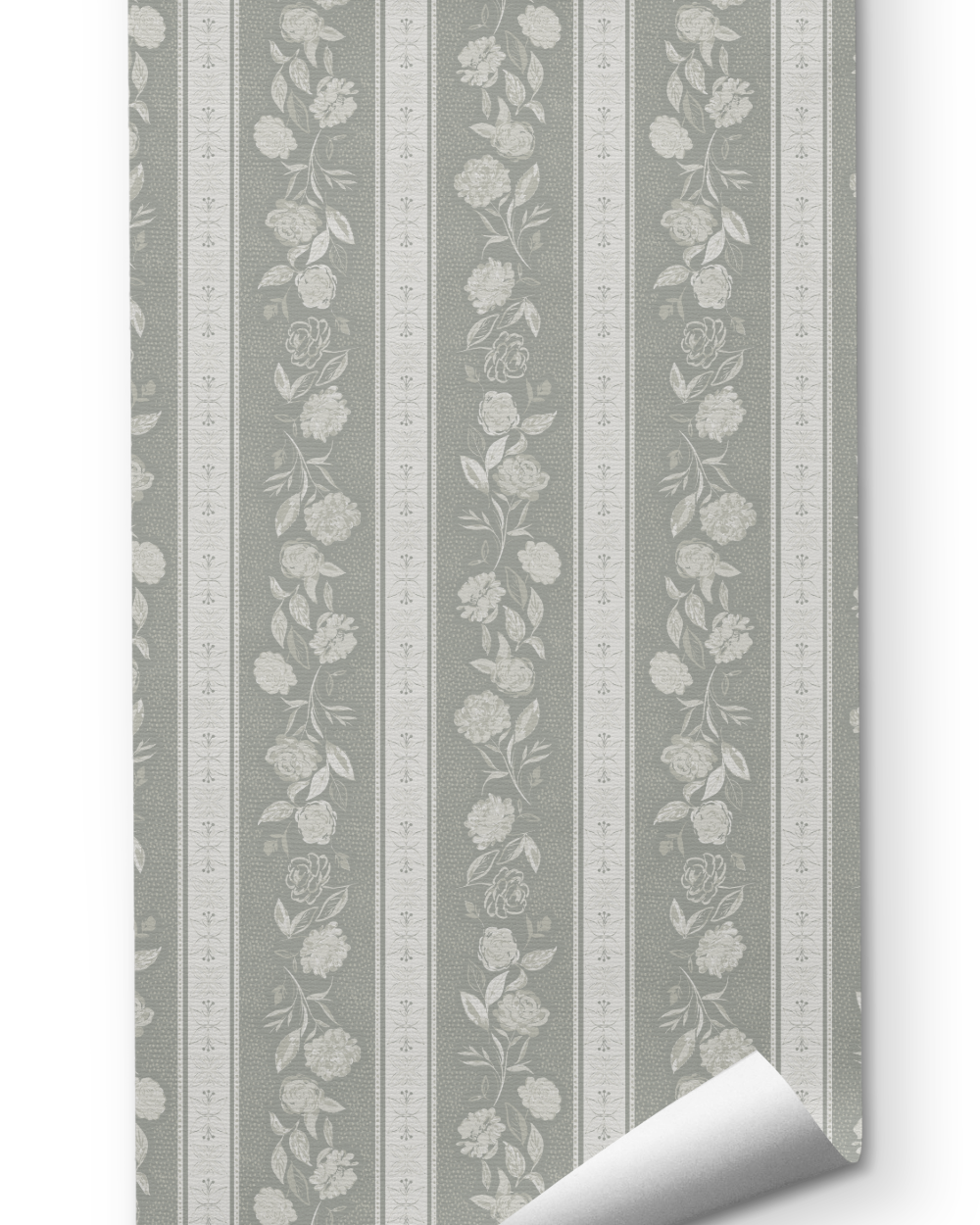 Kamelia in Sagewood wallpaper by Trisha Patel, botanical wallcovering design featuring soft stripes and hand-drawn camellia flowers in serene tones, symbolizing grace, quiet strength, and inner beauty.