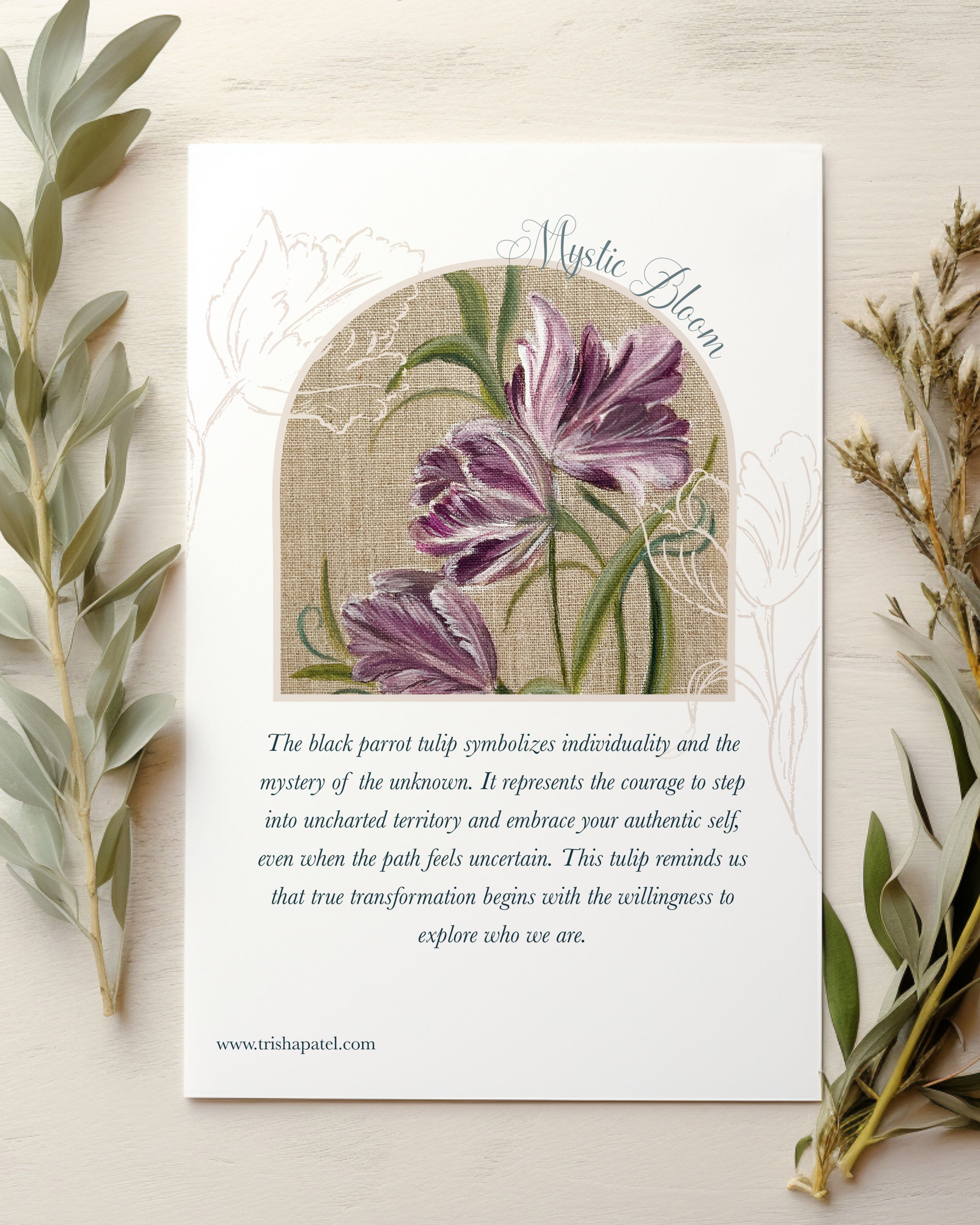 Black parrot tulip watercolor in deep purple tones symbolizing individuality, mystery and authenticity with text symbolism