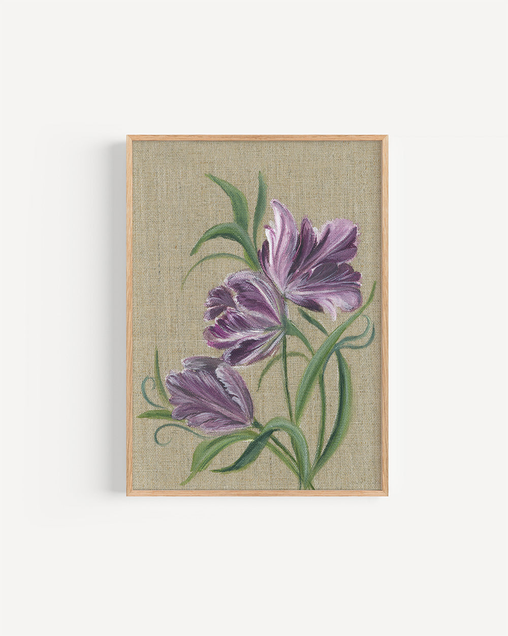 Framed picture of Black parrot tulip watercolor in deep purple tones symbolizing individuality, mystery and authenticity