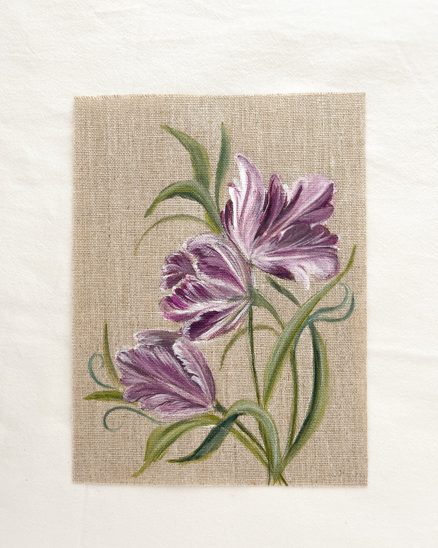 Detail view of Mystic Bloom watercolor tulip painting by Trisha Patel, showing brushwork and rich purple petal textures