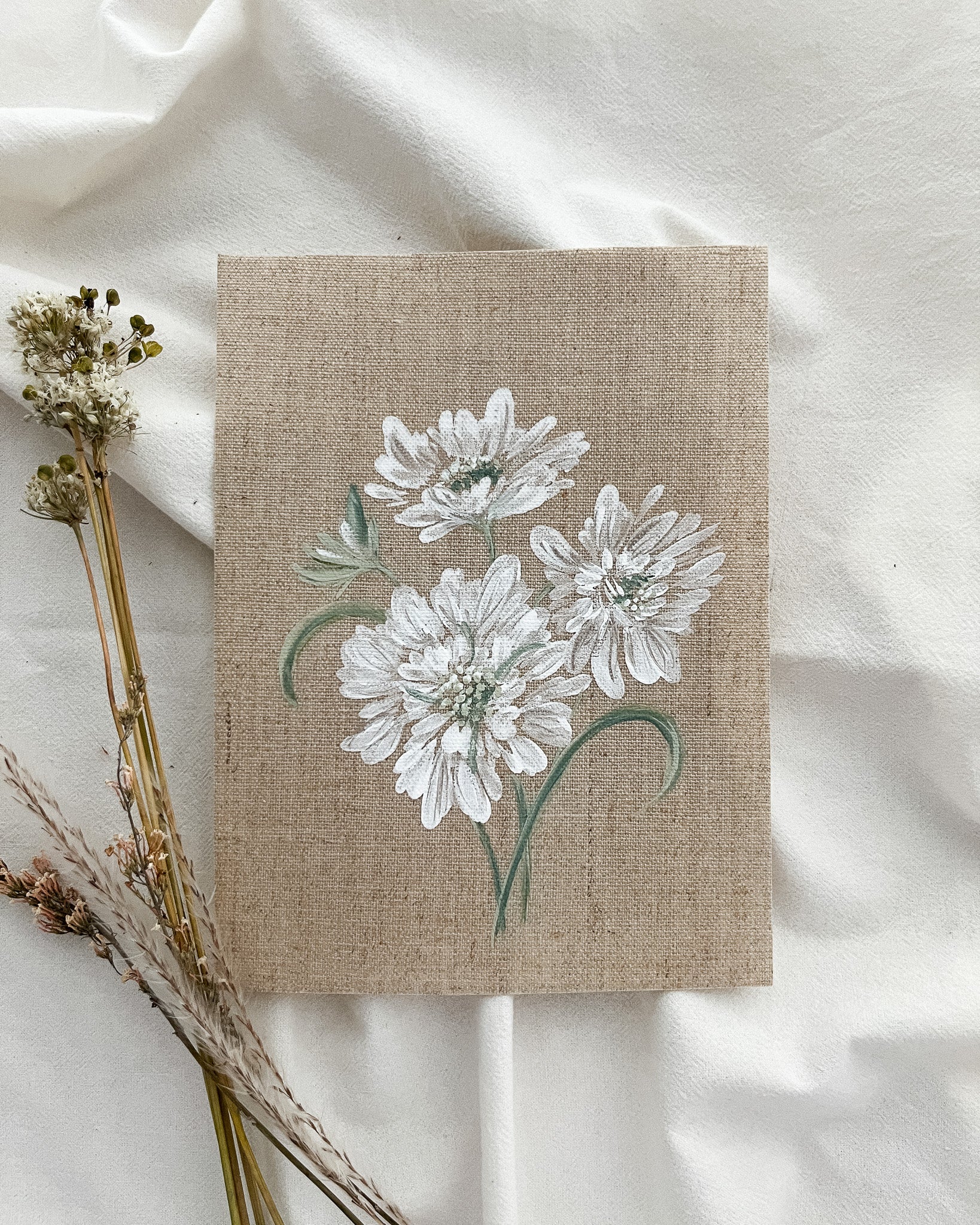 Reflective Bloom by Trisha Patel, original watercolor painting of white scabiosa flower symbolizing reflection, release, and renewal, botanical wall art.