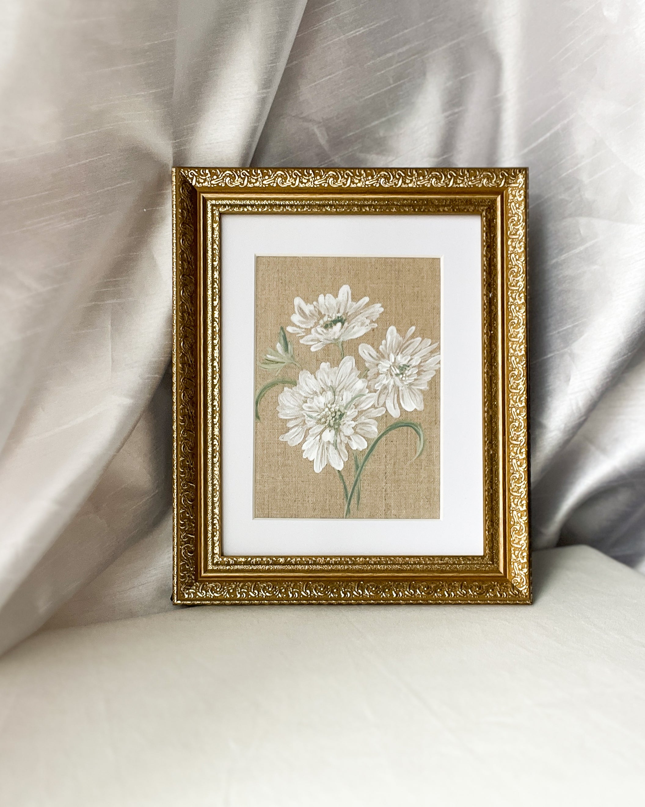 Reflective Bloom white scabiosa watercolor art by Trisha Patel displayed in elegant frame, modern botanical wall décor.