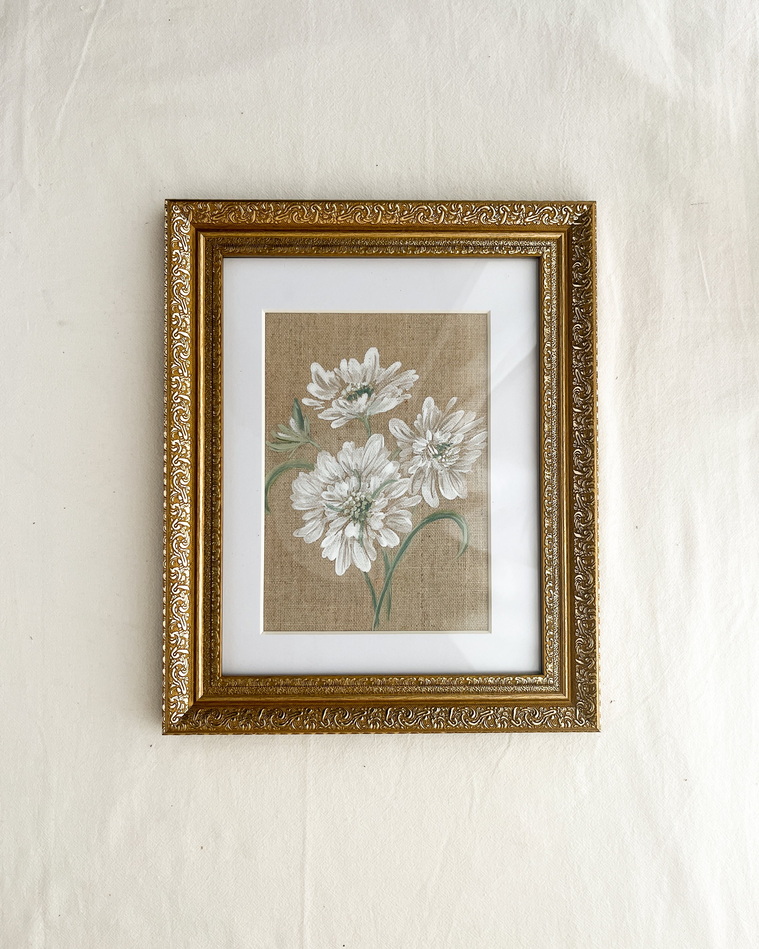 Reflective Bloom white scabiosa watercolor art by Trisha Patel displayed in elegant frame, modern botanical wall décor.
