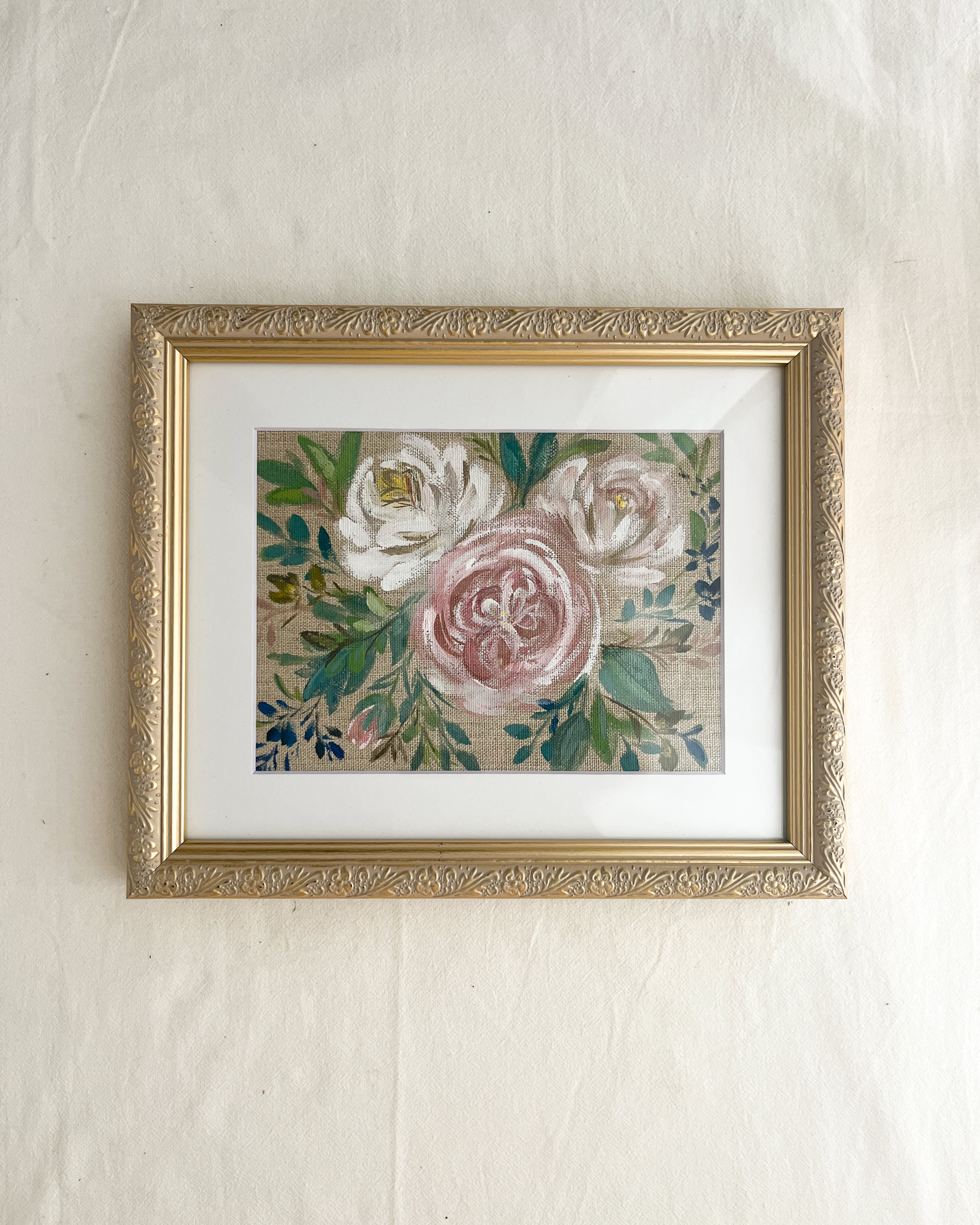 Rooted in Grace by Trisha Patel, original watercolor painting of a vibrant pink rose with botanical symbolism, framed in subtly distressed champagne gold-tone metal with delicate embossed floral detailing