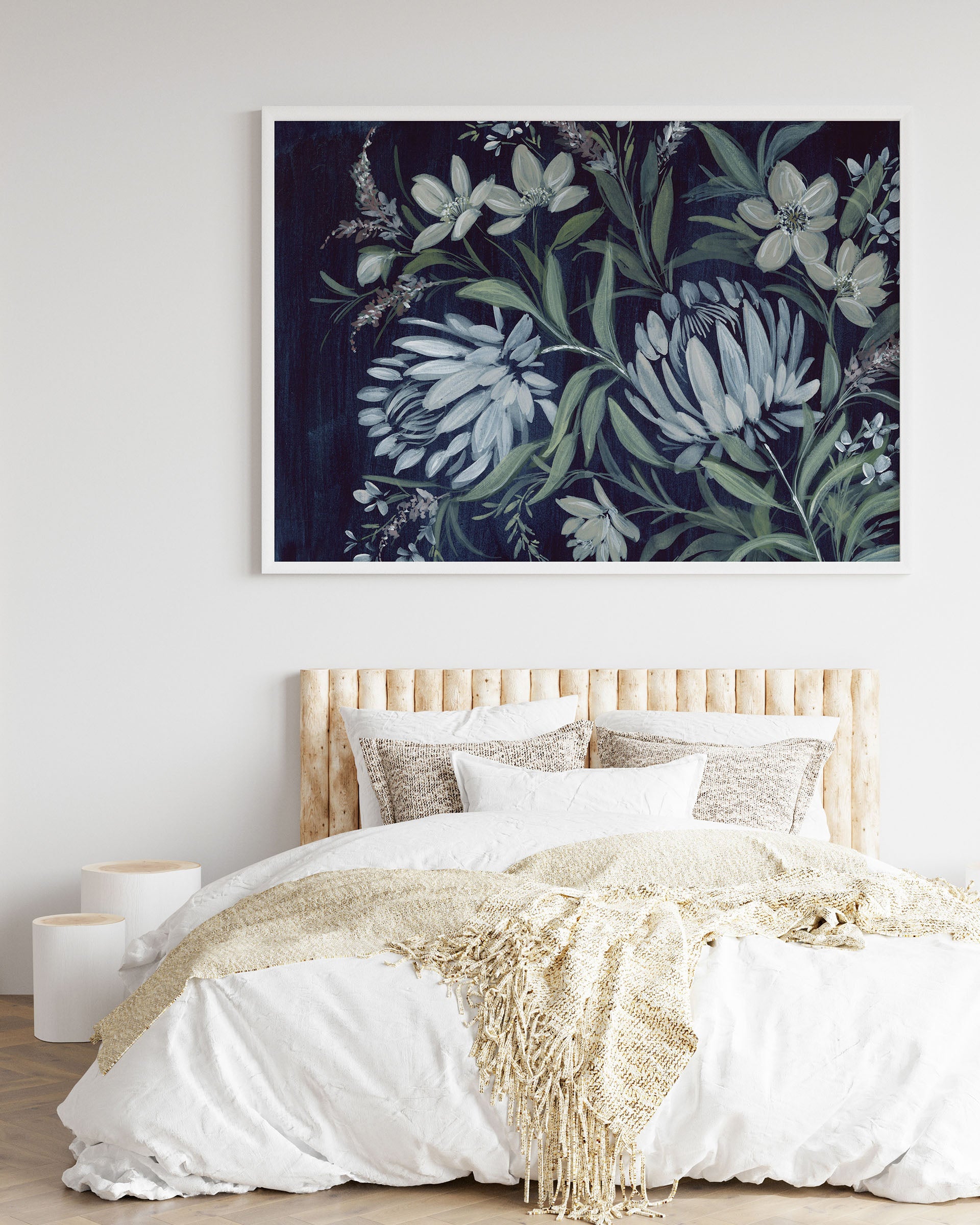 White Framed print of Dramatic watercolor landscape with silhouetted trees against moody sky symbolizing strength through adversity