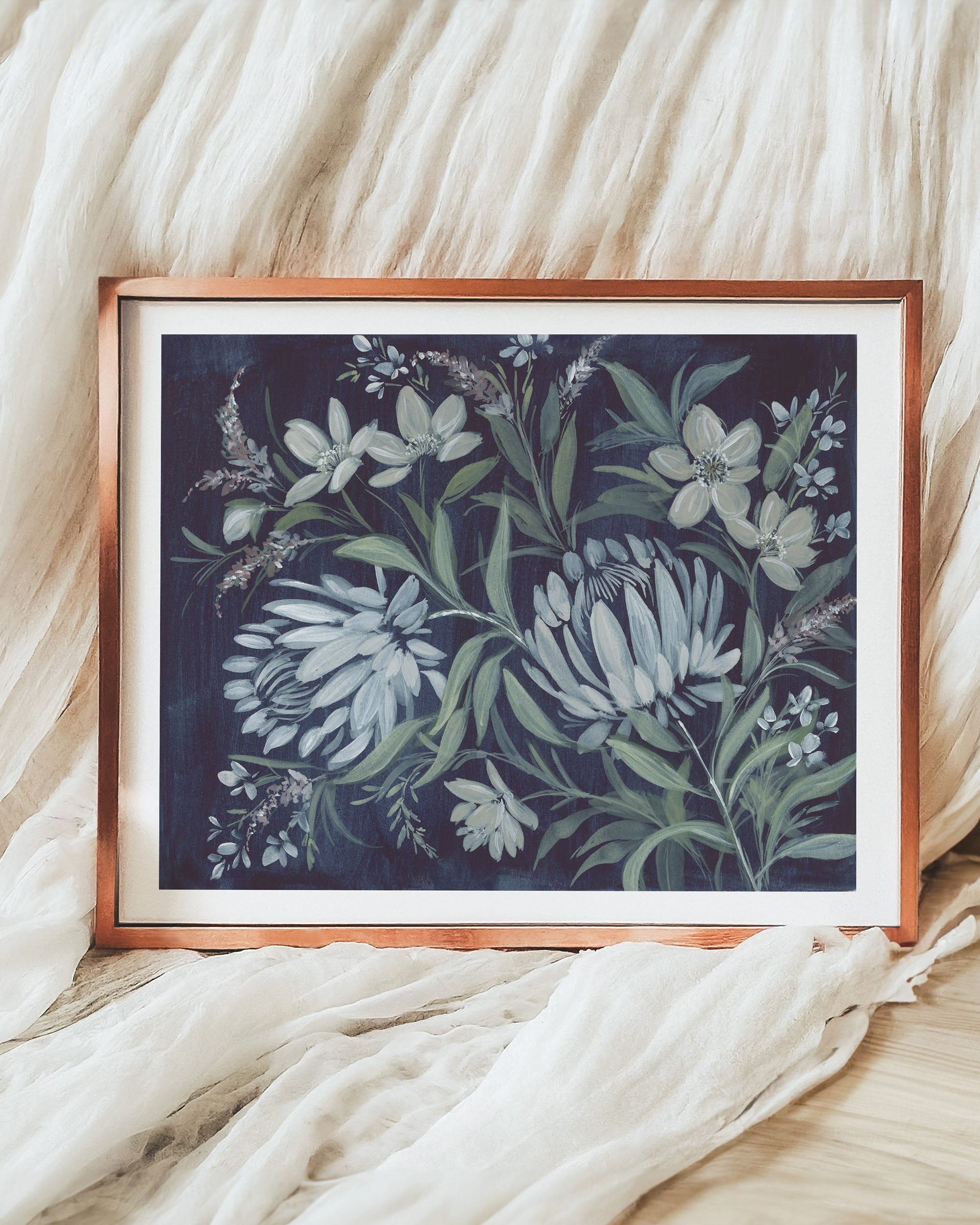 Close-up of Shadows of Resilience print in copper frame showing detailed silhouetted trees against atmospheric sky