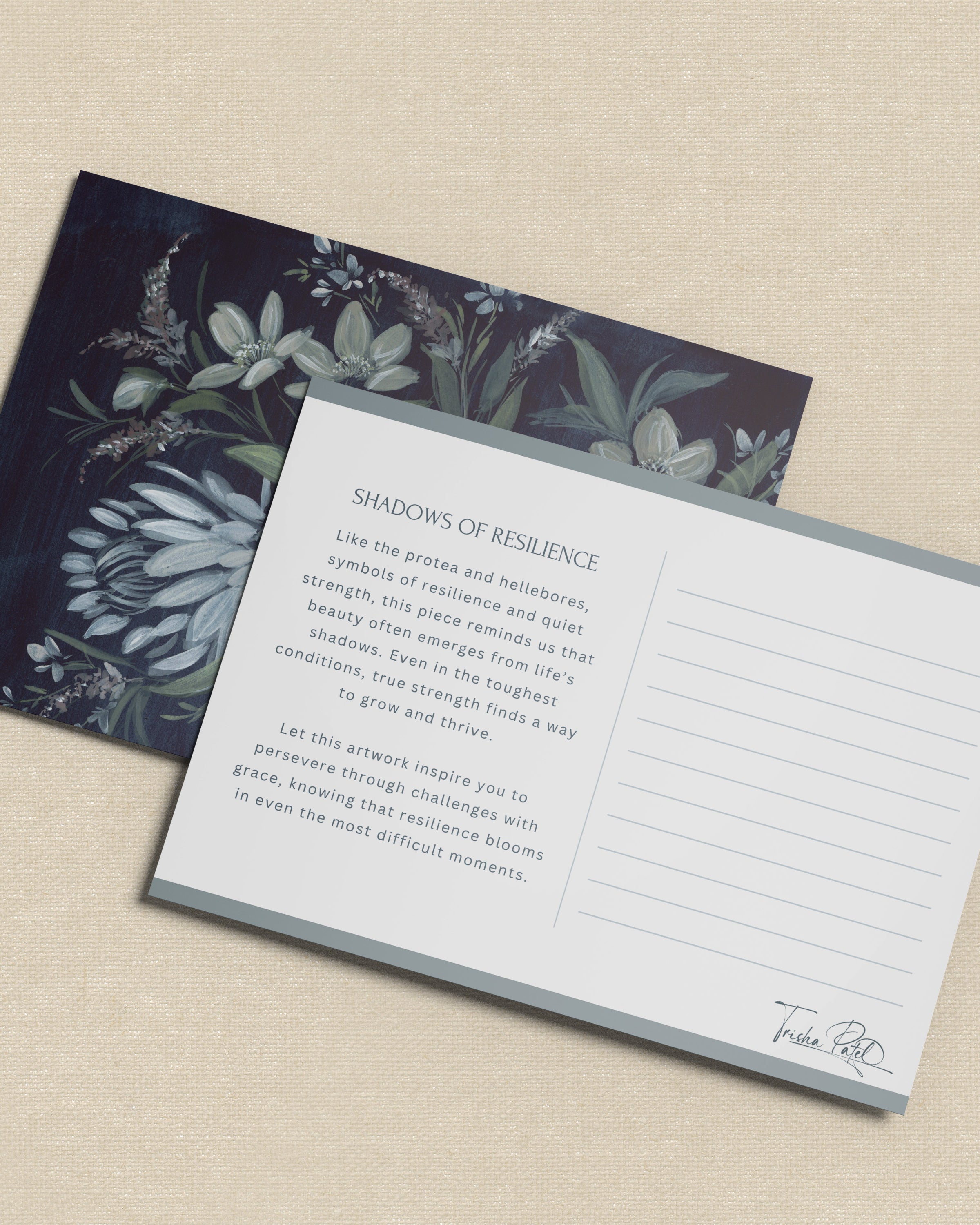 postcard of Original Shadows of Resilience watercolor showing powerful contrast between dark trees and luminous sky