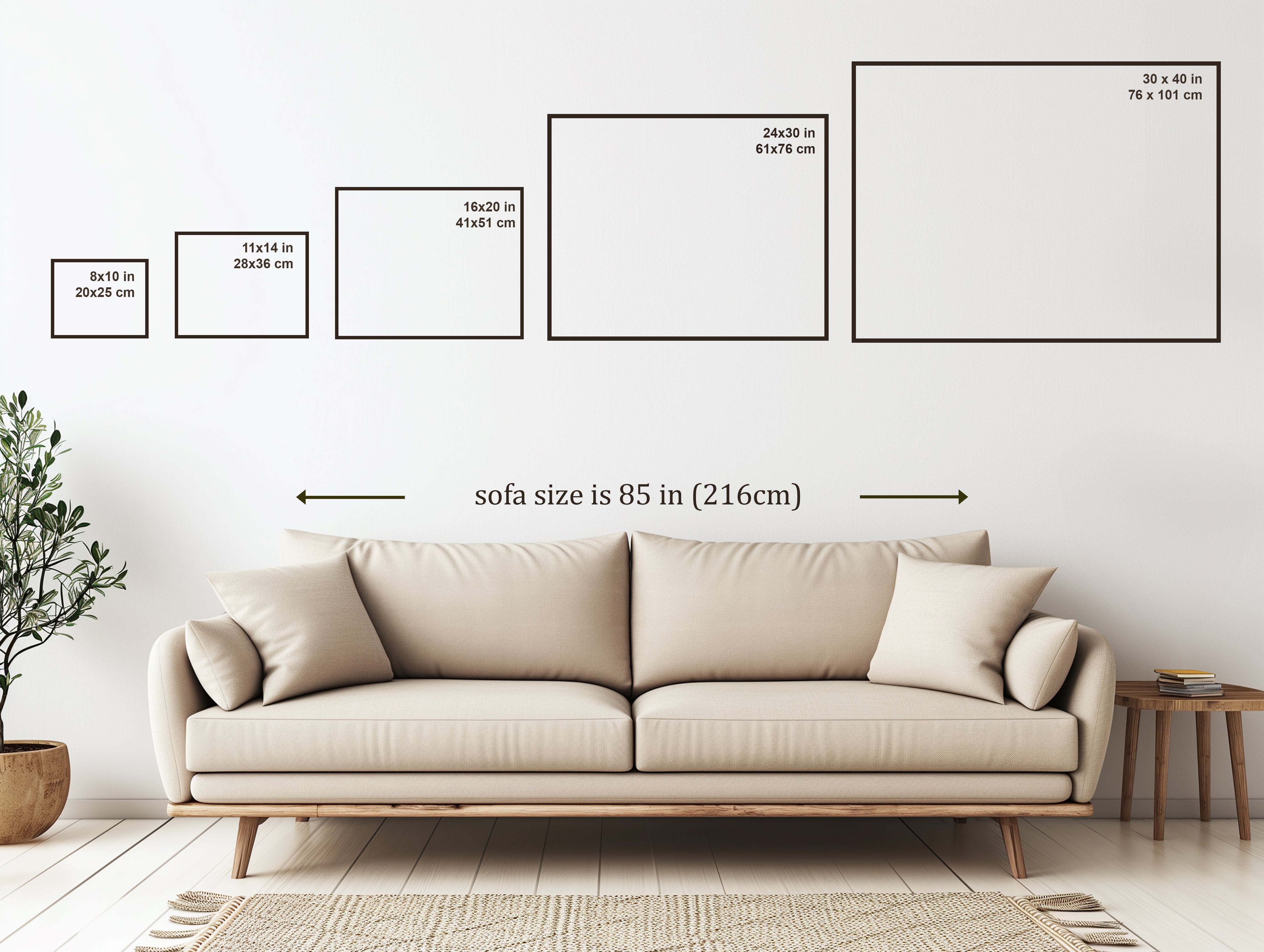 Size guide chart showing print dimensions and framing options for Shadows of Resilience and other landscape prints