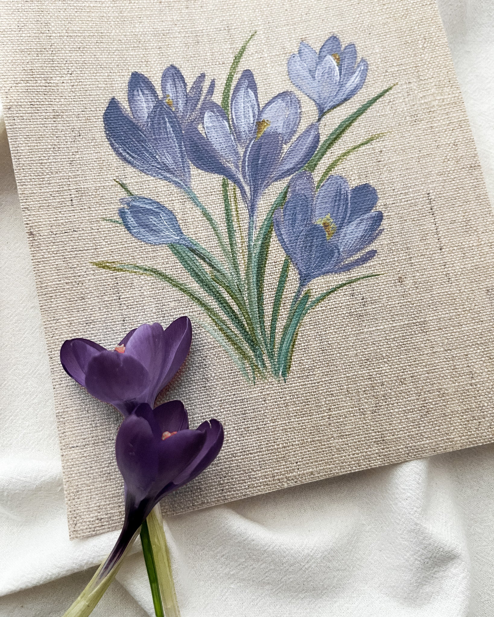 Close-up of Springs Promise crocus watercolor painting by artist Trisha Patel, highlighting delicate petals and botanical brushwork representing bravery and transformation