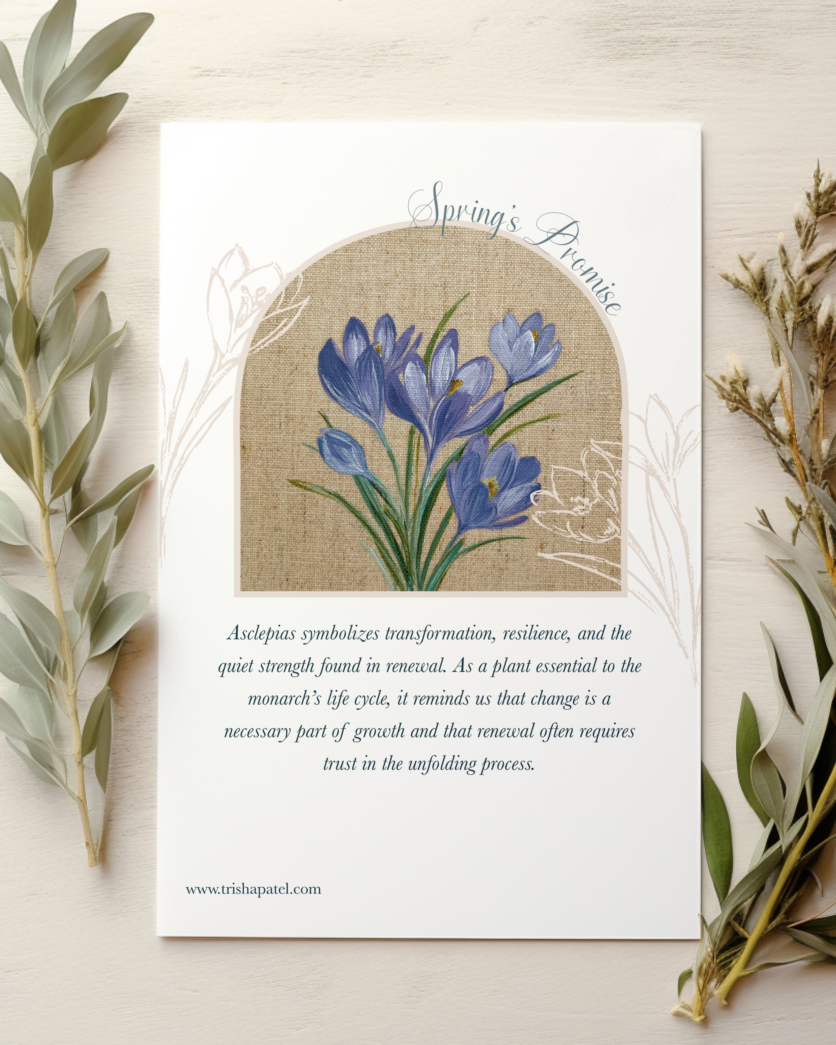 Purple crocus flower watercolor on white background symbolizing hope, renewal and courage to begin again after winter. Text with symbolism of flower