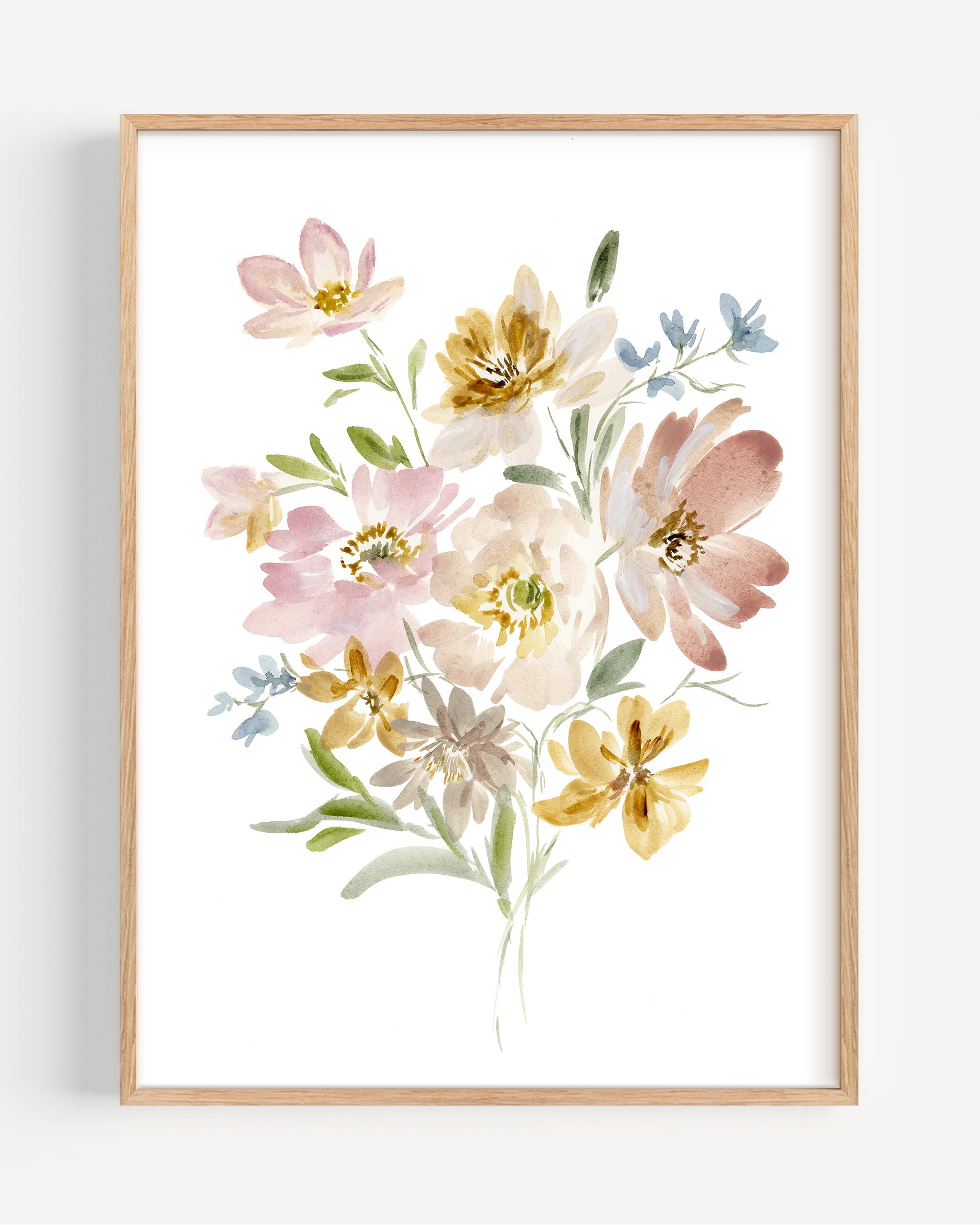 Framed print of Golden watercolor landscape with sunlit trees and warm reflections on water symbolizing peace, balance and natural beauty