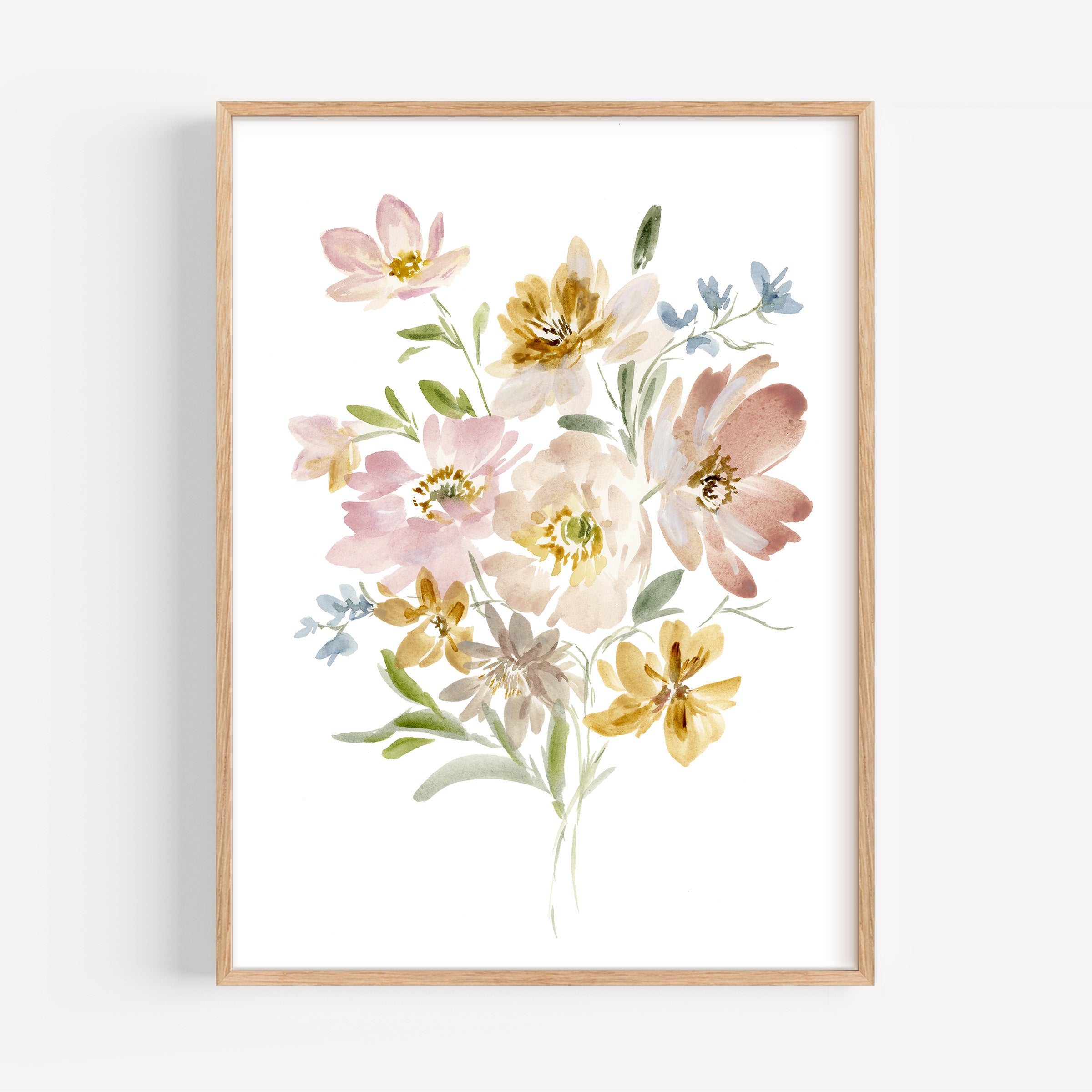 Framed print of Golden watercolor landscape with sunlit trees and warm reflections on water symbolizing peace, balance and natural beauty