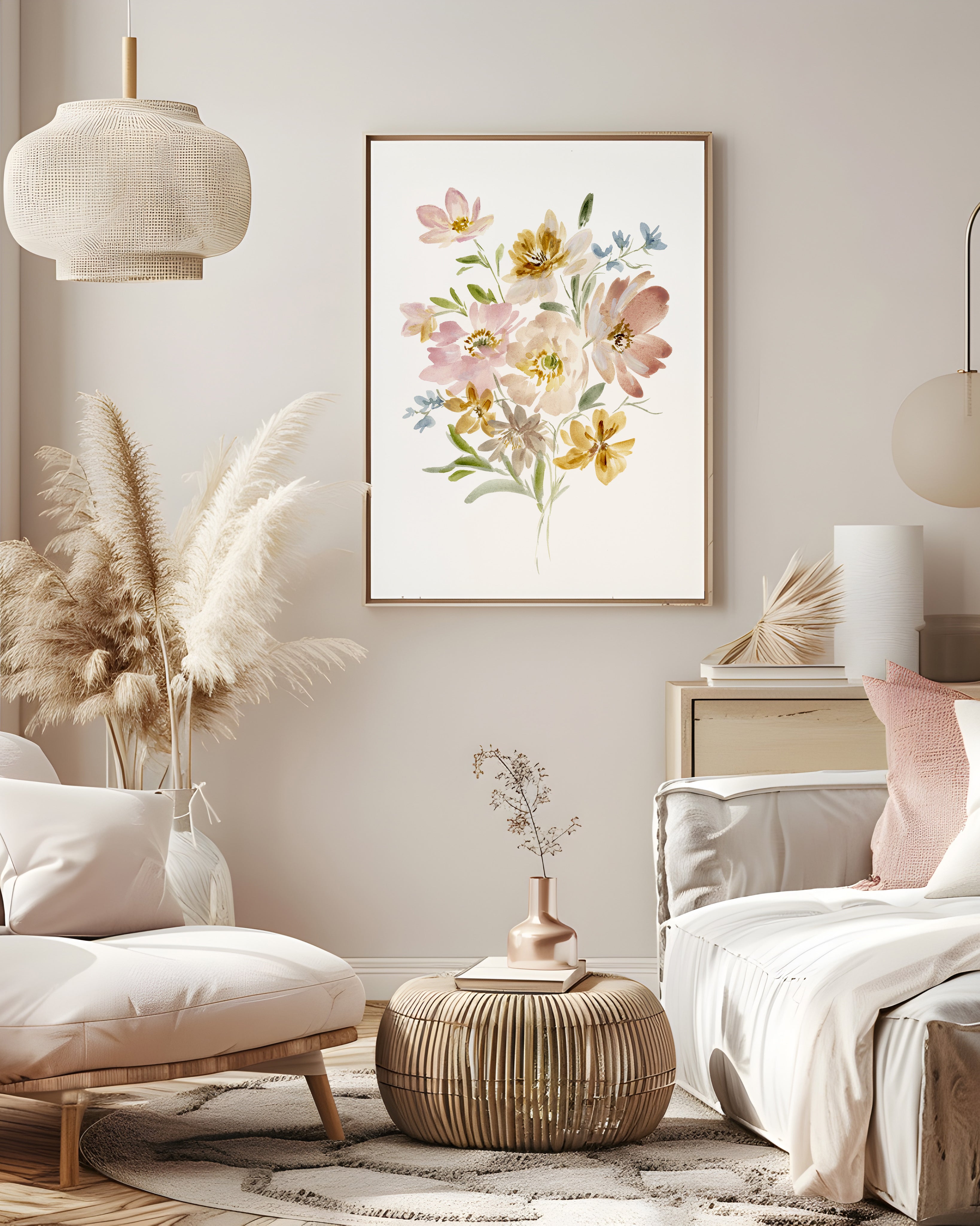 Elegant framed print of Golden watercolor landscape with sunlit trees and warm reflections on water symbolizing peace, balance and natural beauty